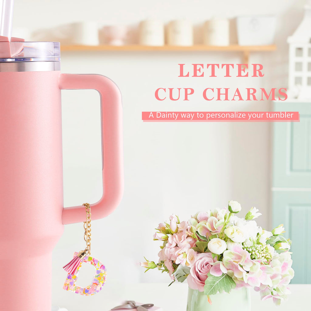 Letter Charm Accessories for Stanley Cup 1 PCS Cute Initial Keychain Handle Charm for Stanley Tumbler for Women Pink Letter D
