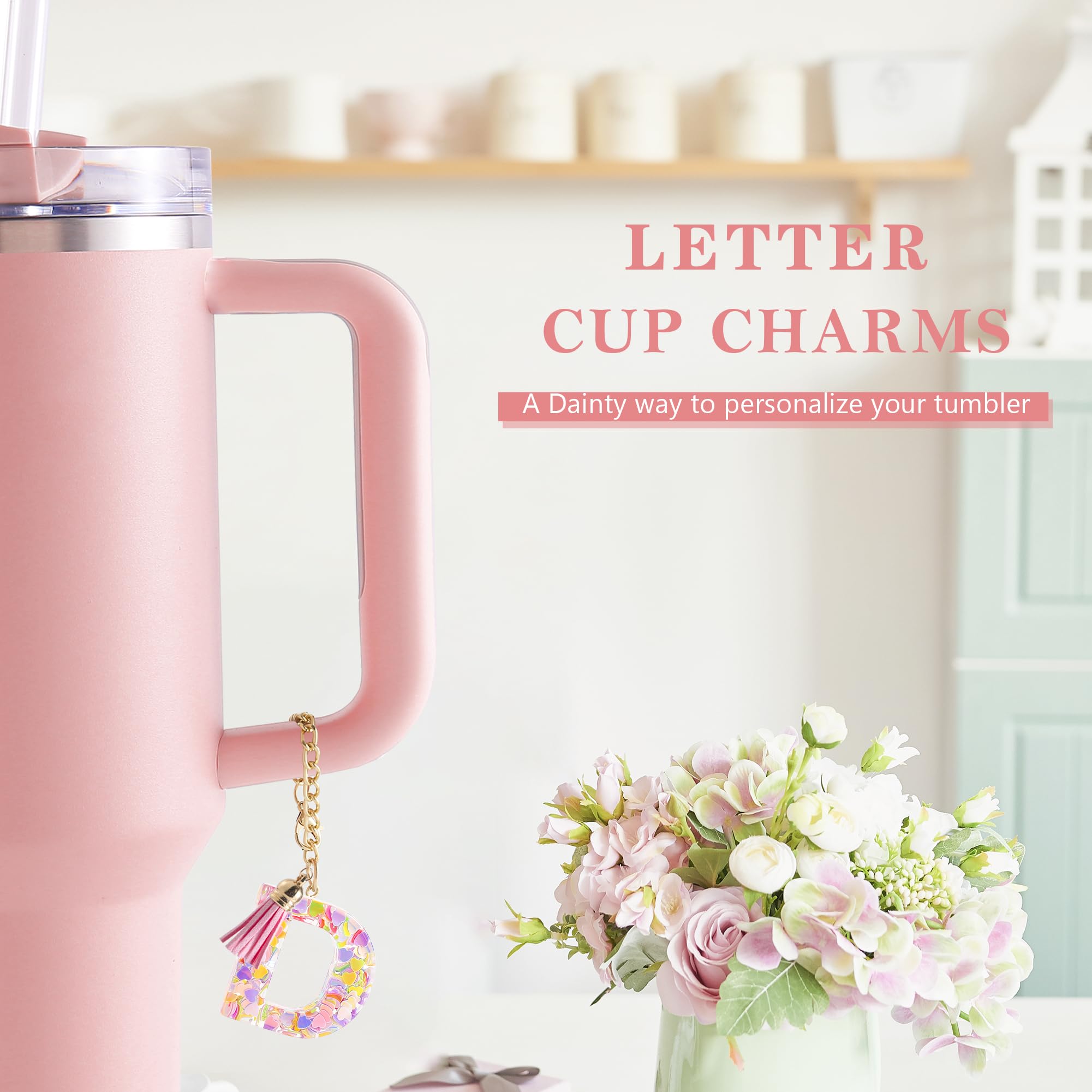 Letter Charm Accessories for Stanley Cup 1 PCS Cute Initial Keychain Handle Charm for Stanley Tumbler for Women Pink Letter D