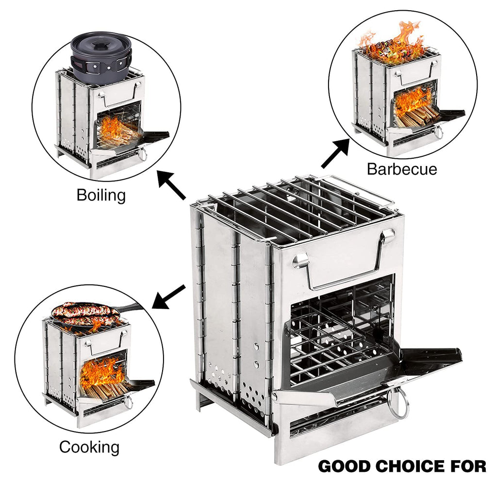 Redcamp Wood Burning Folding Camp Stove Stainless Steel Grill, Portable Collapsible Backpacking Stove Survival Rocket Stove For