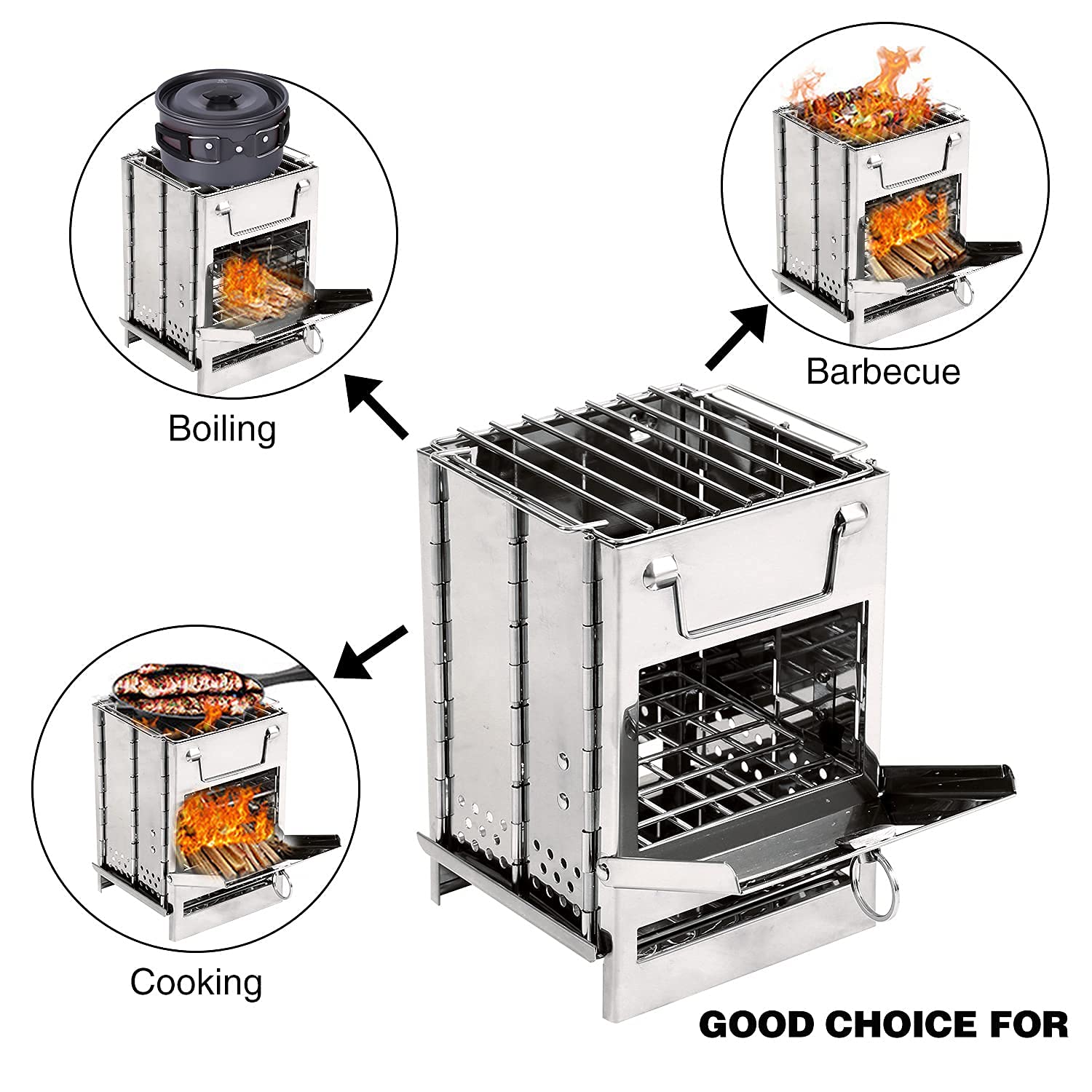 Redcamp Wood Burning Folding Camp Stove Stainless Steel Grill, Portable Collapsible Backpacking Stove Survival Rocket Stove For