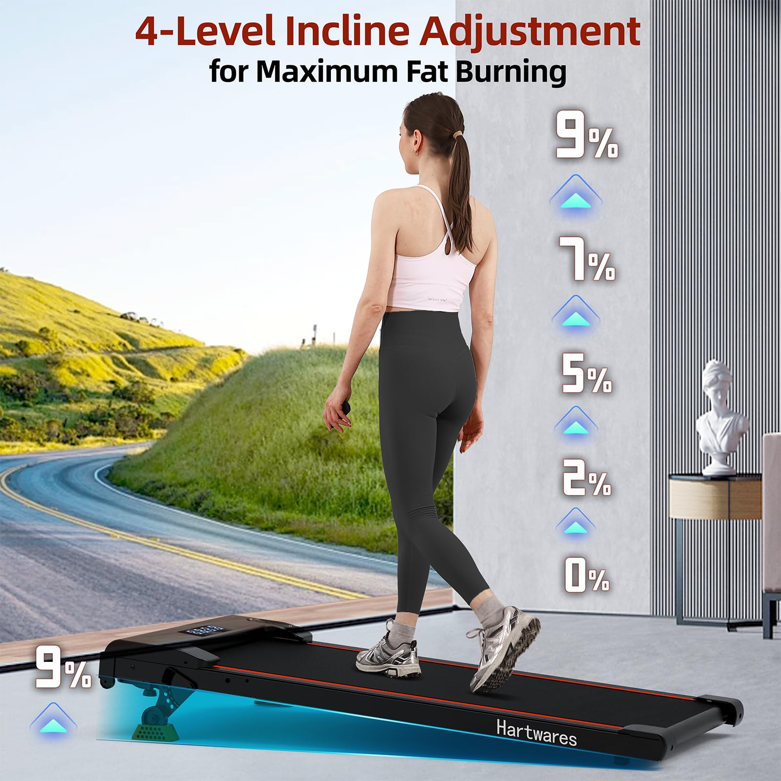 Hartwares Walking Pad Treadmill With 9% Incline, 2.5Hp Quiet Treadmills For Home Office Small, Portable Walking Pad With 265Lb C