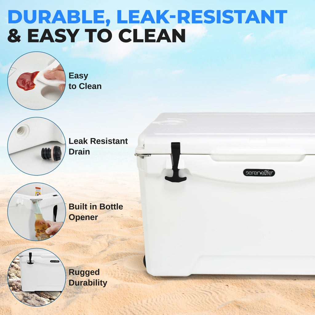 Serenelife 50 Quart Portable Cooler Box - Lightweight Heavy-Duty Travel Ice Cooler With 2-Way Handles, Drain - 5 Days Ice Retent