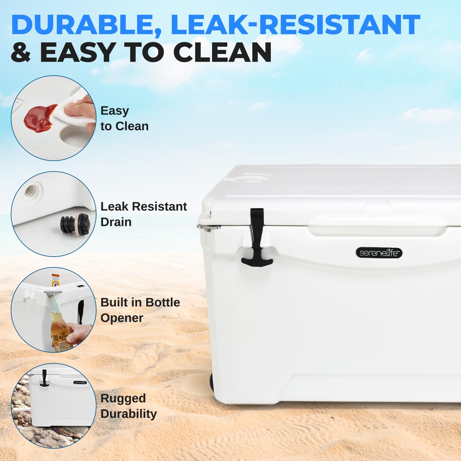 Serenelife 50 Quart Portable Cooler Box - Lightweight Heavy-Duty Travel Ice Cooler With 2-Way Handles, Drain - 5 Days Ice Retent