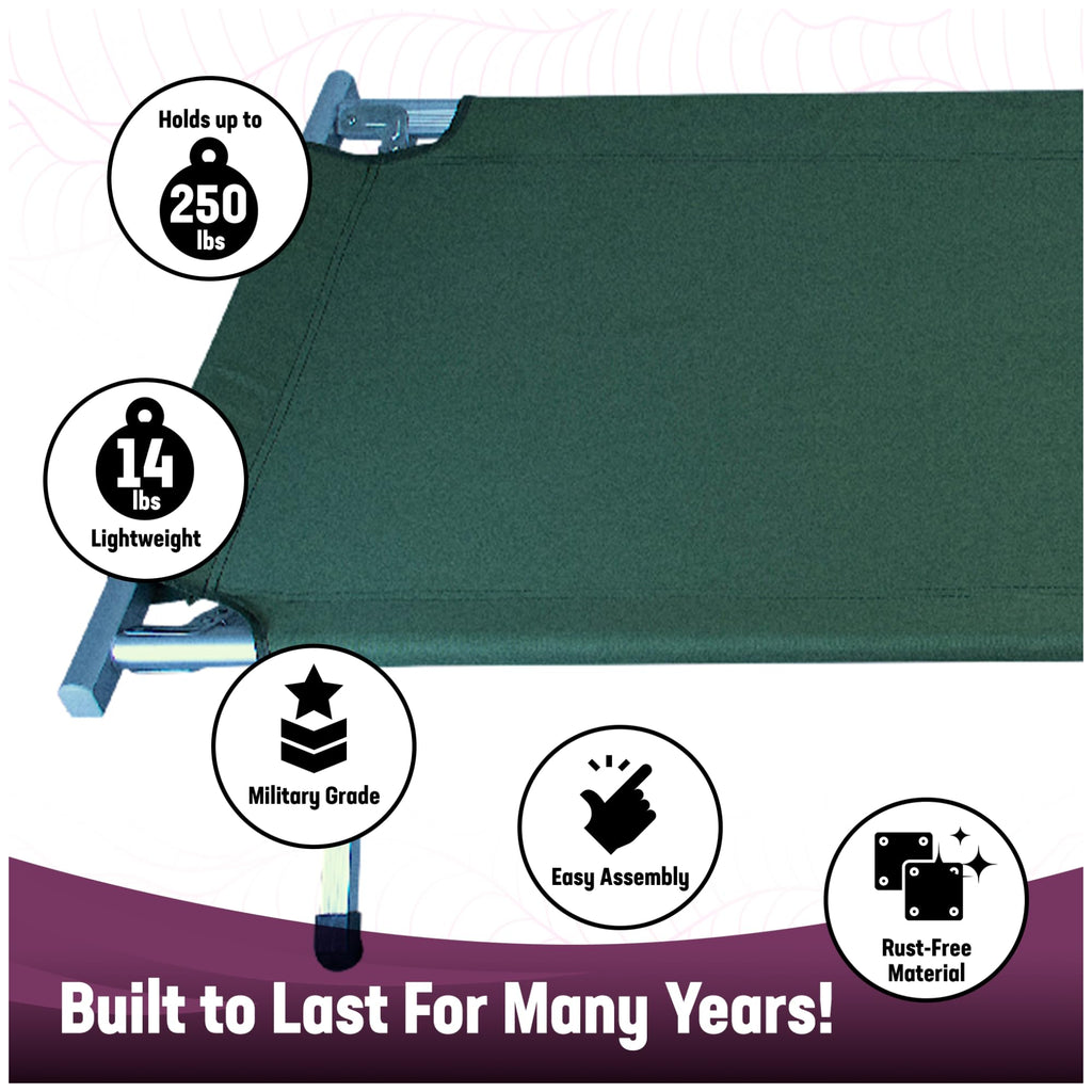 Kemp Usa Green Multipurpose Aluminum Camping & Military Portable Folding Cot, Extremely Lightweight & Durable