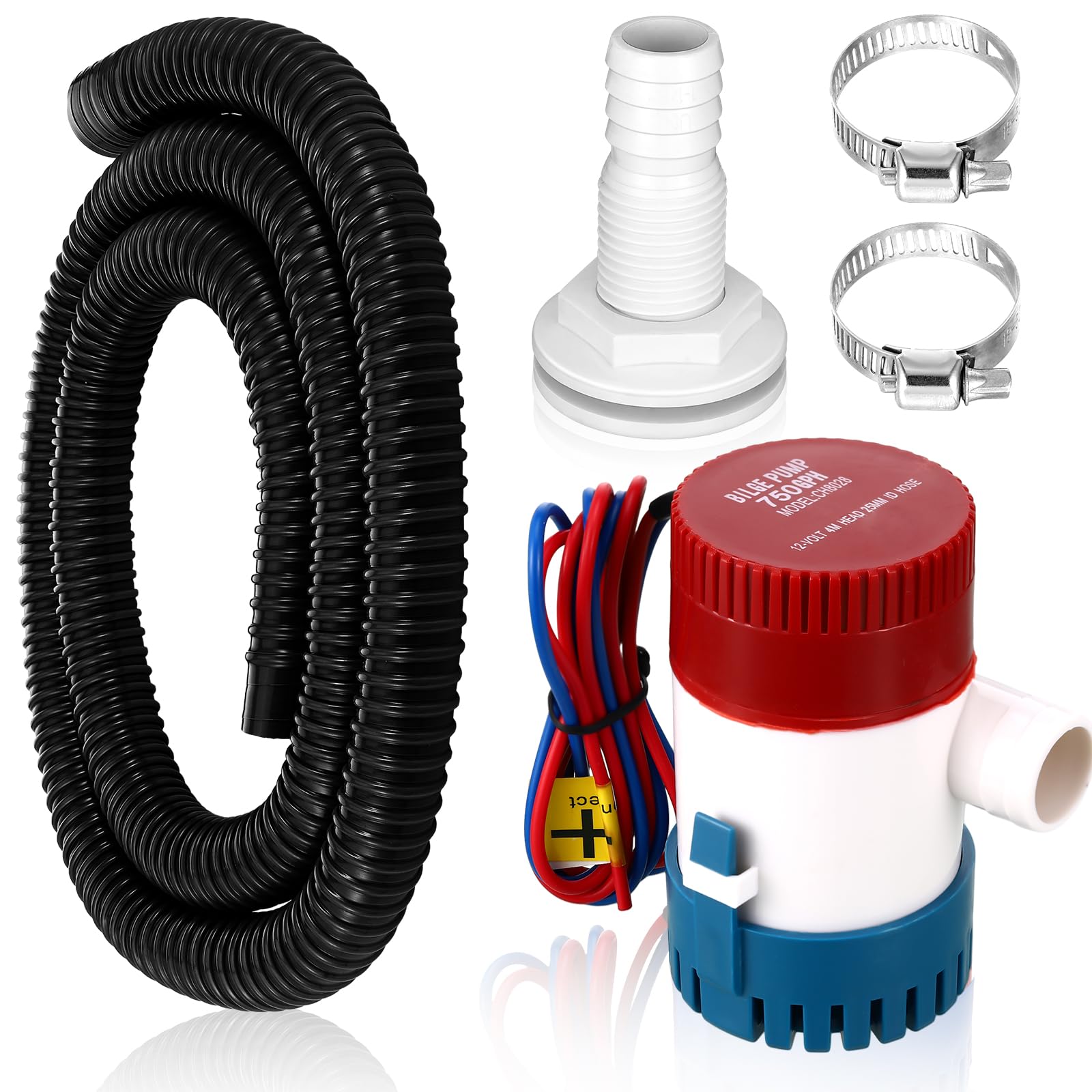 Lounsweer 5 Pcs Bilge Pump Plumbing Kit Including Electric 12v Boat Bilge Water Pump PVC 2 Hose Clamps ThruHull Fitting, 1-1/8-i