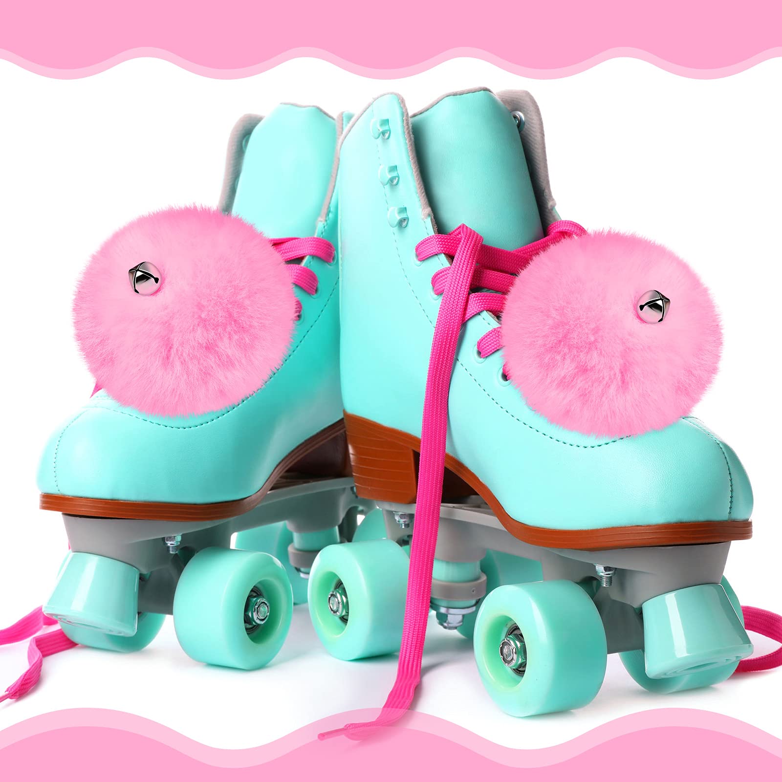 Sumind 2 Pieces Roller Skate Pom Poms With Bells For Women Girls Princess Fluffy Tie-On Roller Skate Pom Poms Fuzzy Pom Poms For