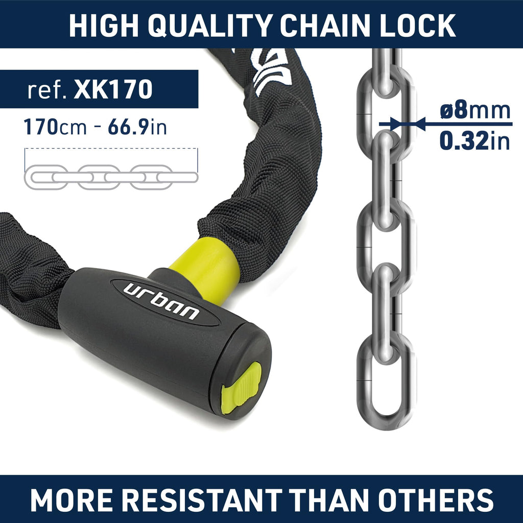 Urban Xk170 Bicycle Chain Lock, Steel Links A031In, 56Ft Long, Textile Cover, Lid, Anti-Theft Security Chain Padlock, Containers