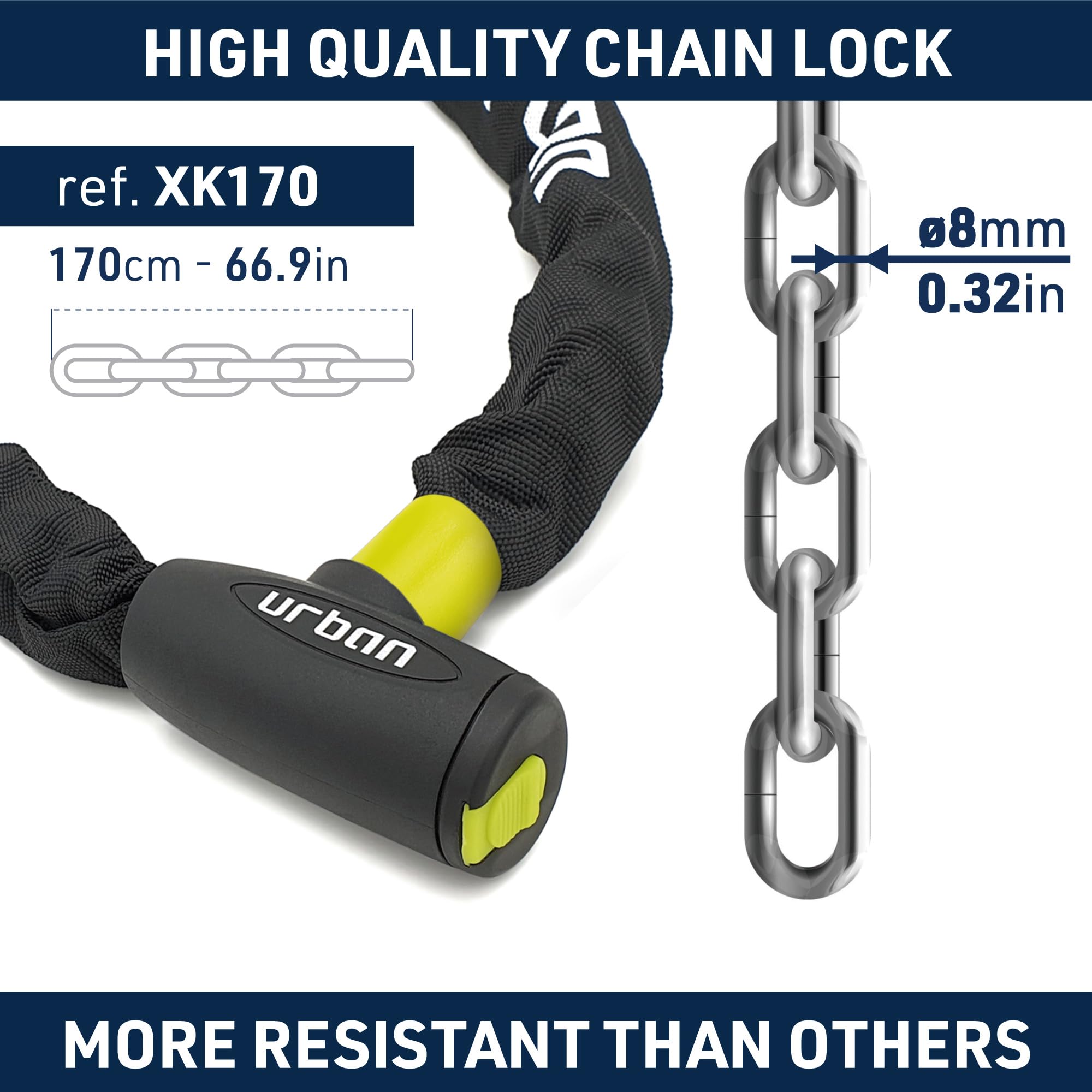 Urban Xk170 Bicycle Chain Lock, Steel Links A031In, 56Ft Long, Textile Cover, Lid, Anti-Theft Security Chain Padlock, Containers