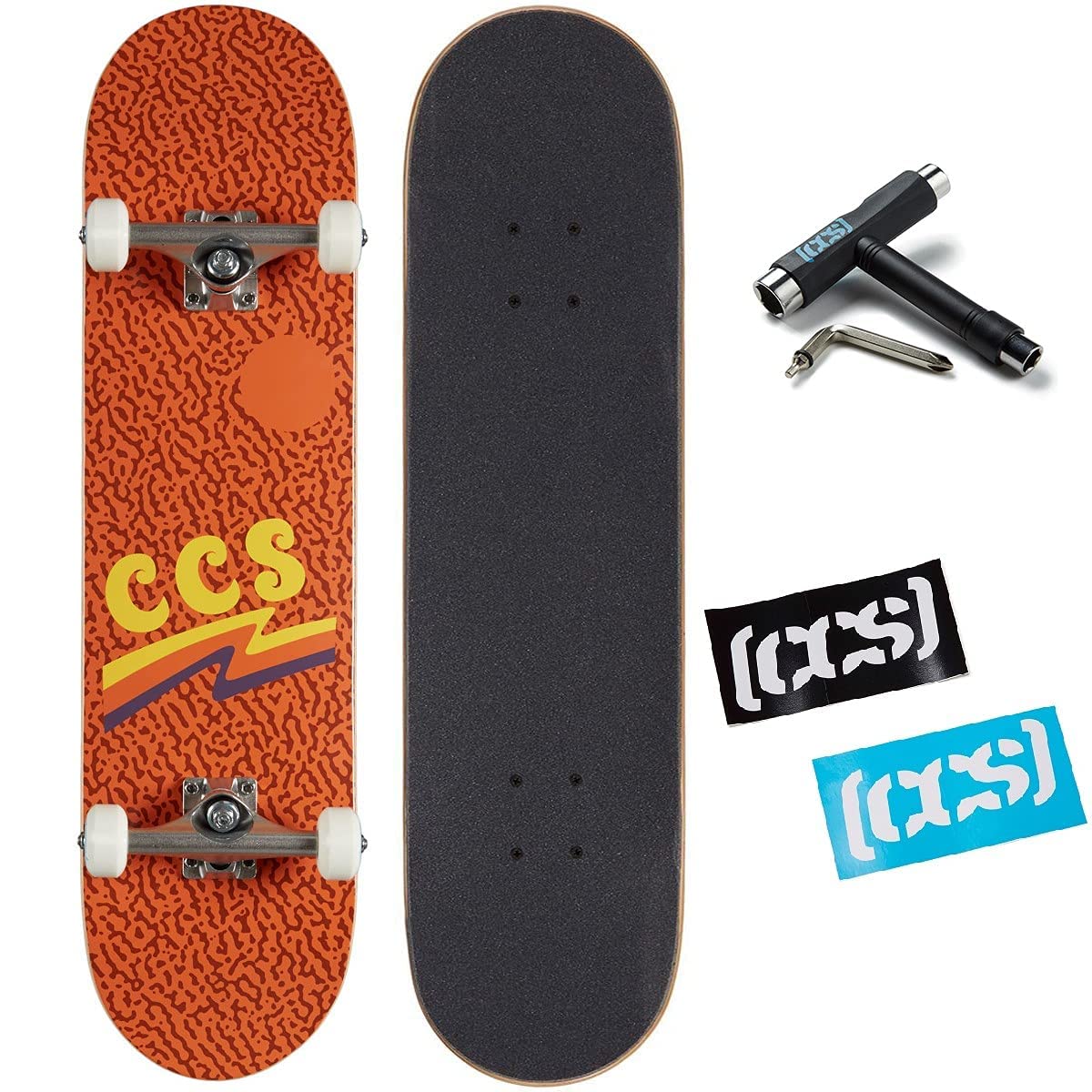 [Ccs] Wavy Times Skateboard Complete Orange 7.00'' - Maple Wood - Professional Grade - Fully Assembled With Skate Tool And Stick