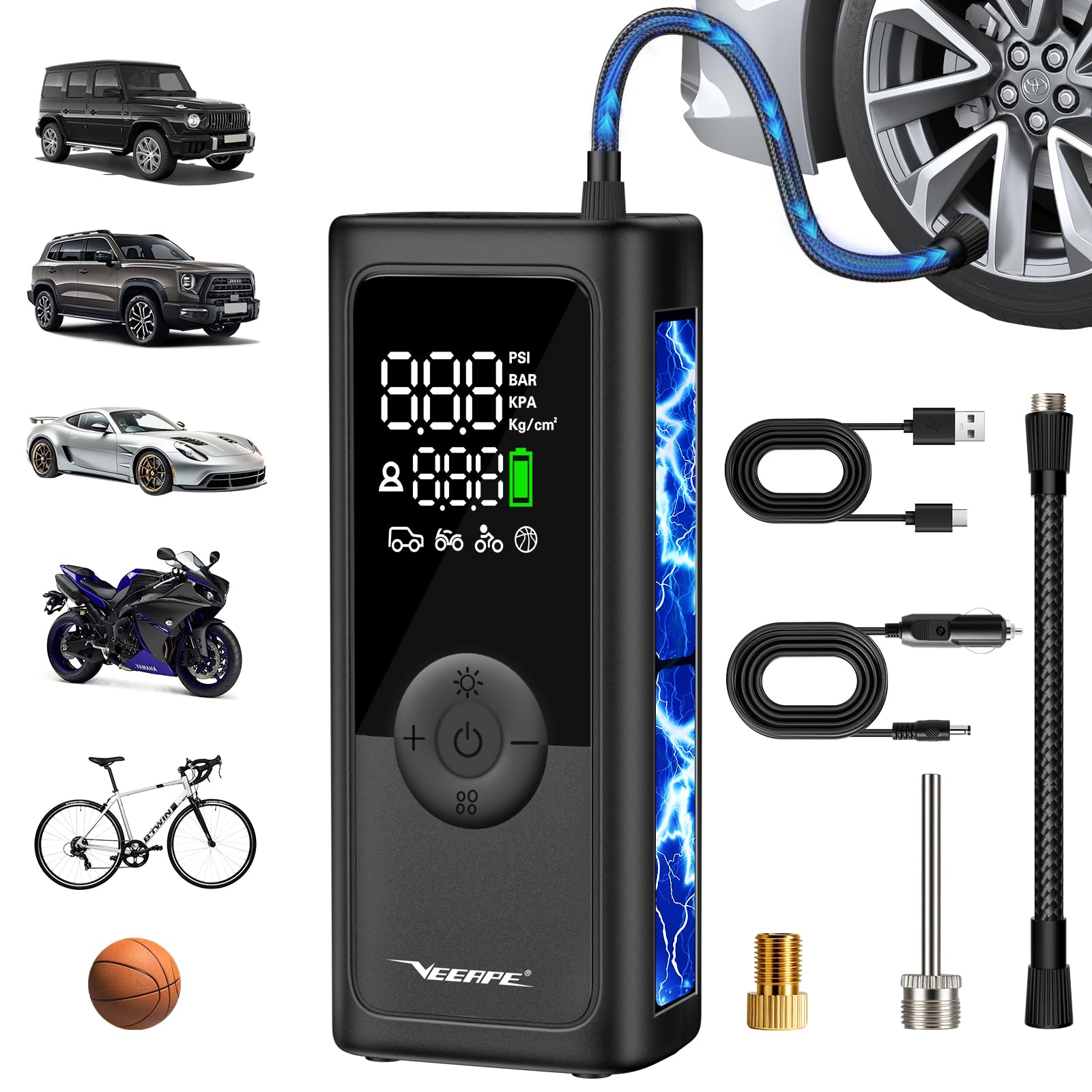 VEEAPE Tiny Pump Mini Bike Tire Pump - Max 120PSI Portable Electric Bicycle Air Pump with Auto Stop - Bicycle Inflator with Pres