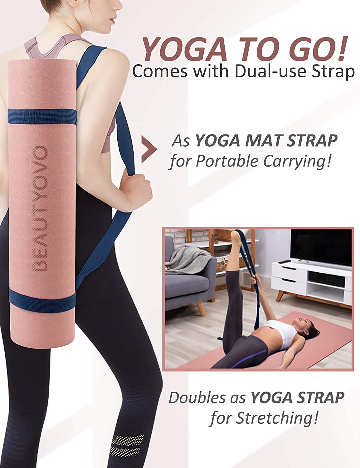 Yoga Mat With Strap, 1/3 Inch Extra Thick Double-Sided Non Slip, Professional Tpe Mats For Women Men, Workout Yoga, Pilates And