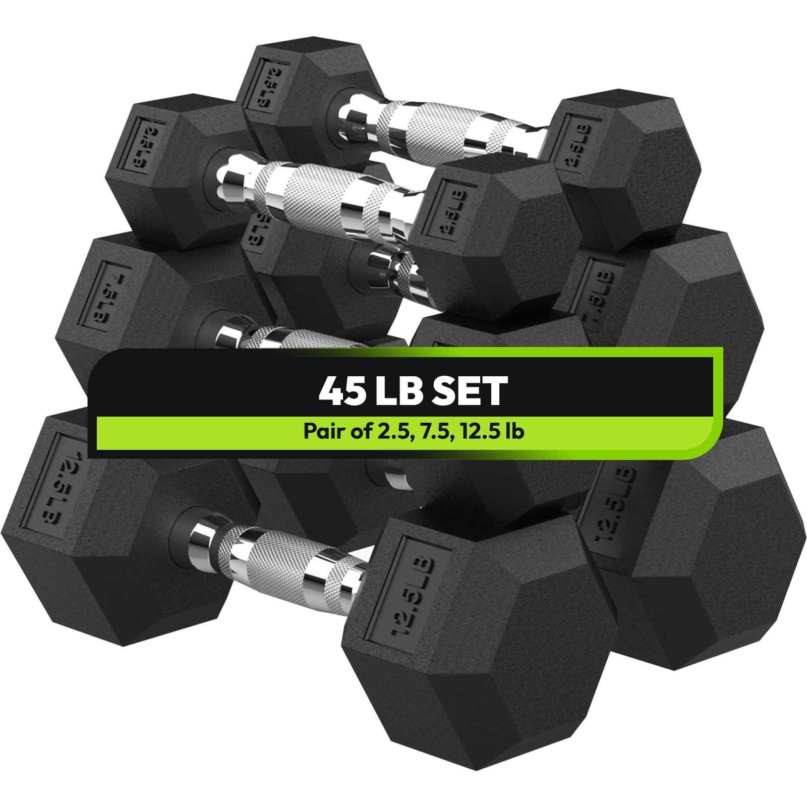Handbode Hex Dumbbell 45 Lb Set, 2.5/7.5/12.5 Lb Weights Dumbbells Set Of 2, Rubber Encased Exercise & Fitness Dumbbells For Hom