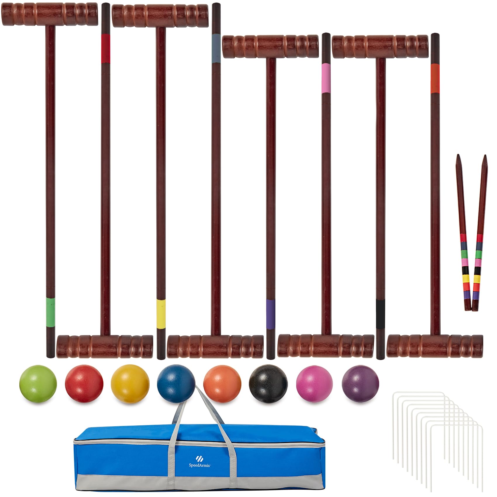 Speedarmis Croquet Set For Adults - 8 Players Croquette Set With 35In Deluxe, 32In Regulation Size Rubber Wood Mallets, Colored