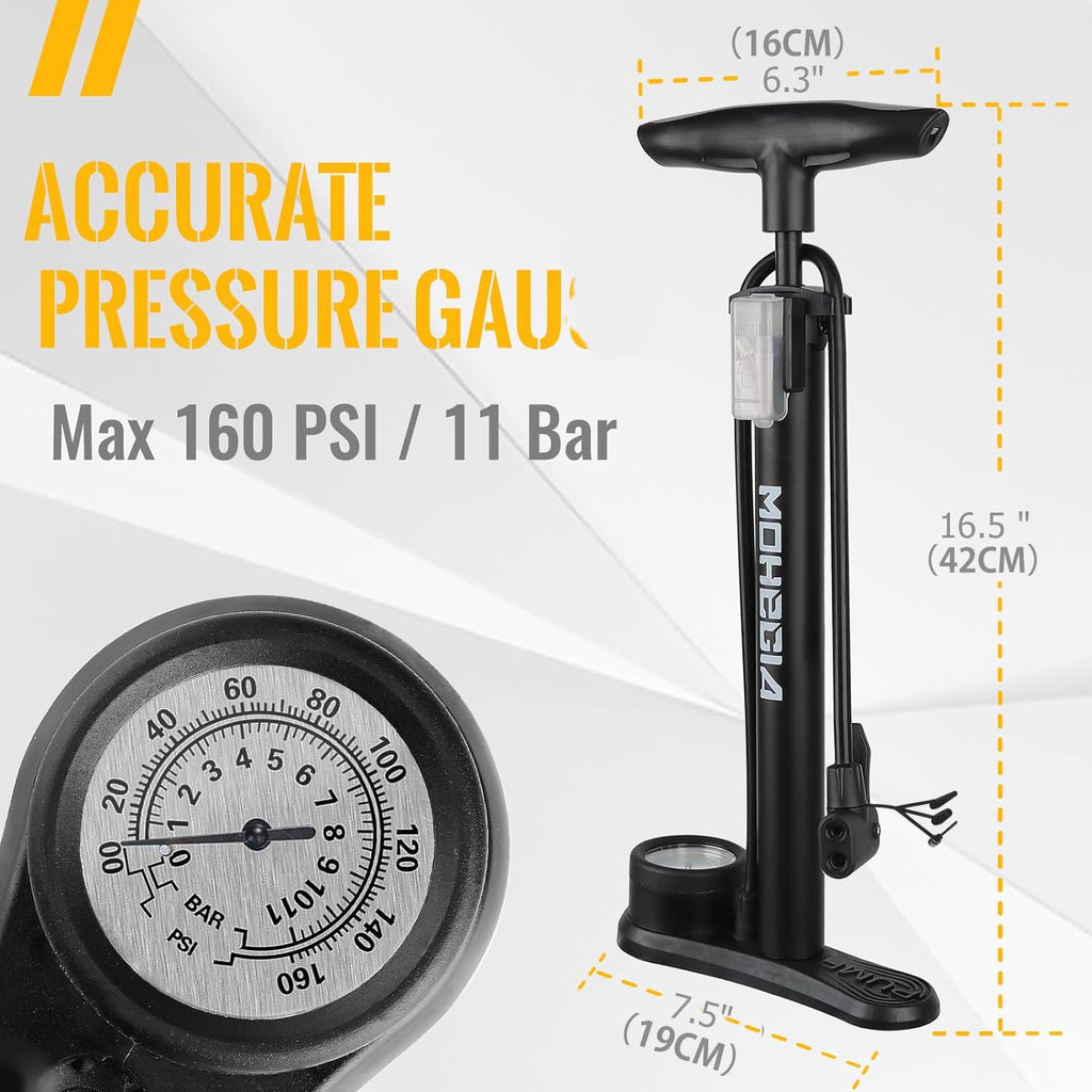 Mohegia Bike Floor Pump With Gauge,Air Bicycle Pump Inflator With High Pressure 160 Psi,Fits Schrader And Presta Valve