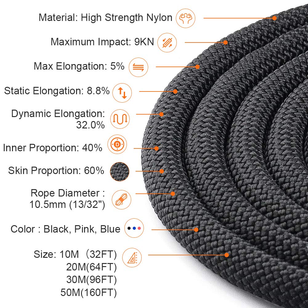 X Xben Rock Climbing Rope, Static Uiaa Mountain Climb Ropes, 10.5Mm 64Ft Black Mountaineering Climbing Gear For Rescue, Hiking,