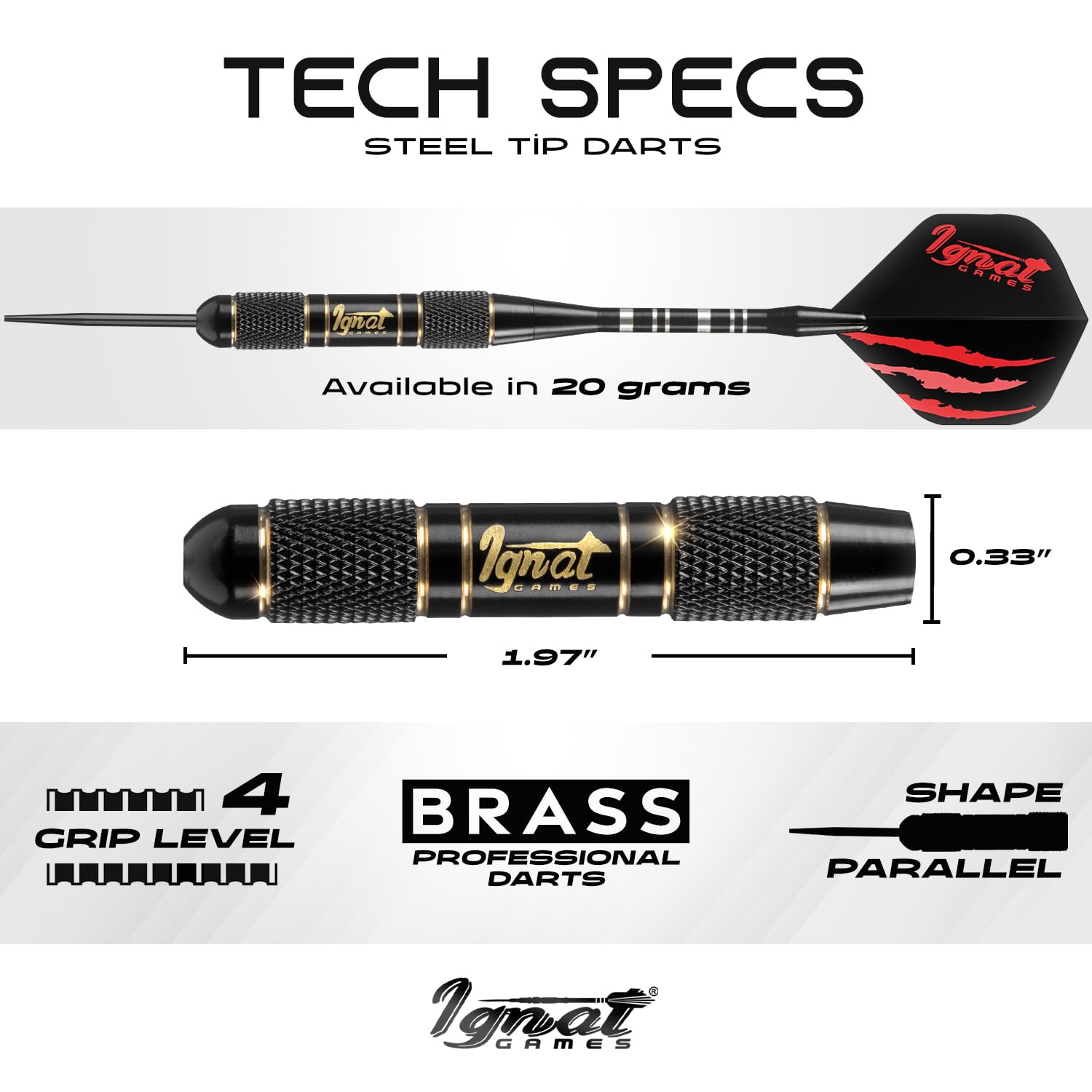 Ignatgames Darts Metal Tip Set - 6 Pcs Professional Brass Steel Tip Darts With Twinforce Shafts, 16 Pcs Thick Flights + Custom D