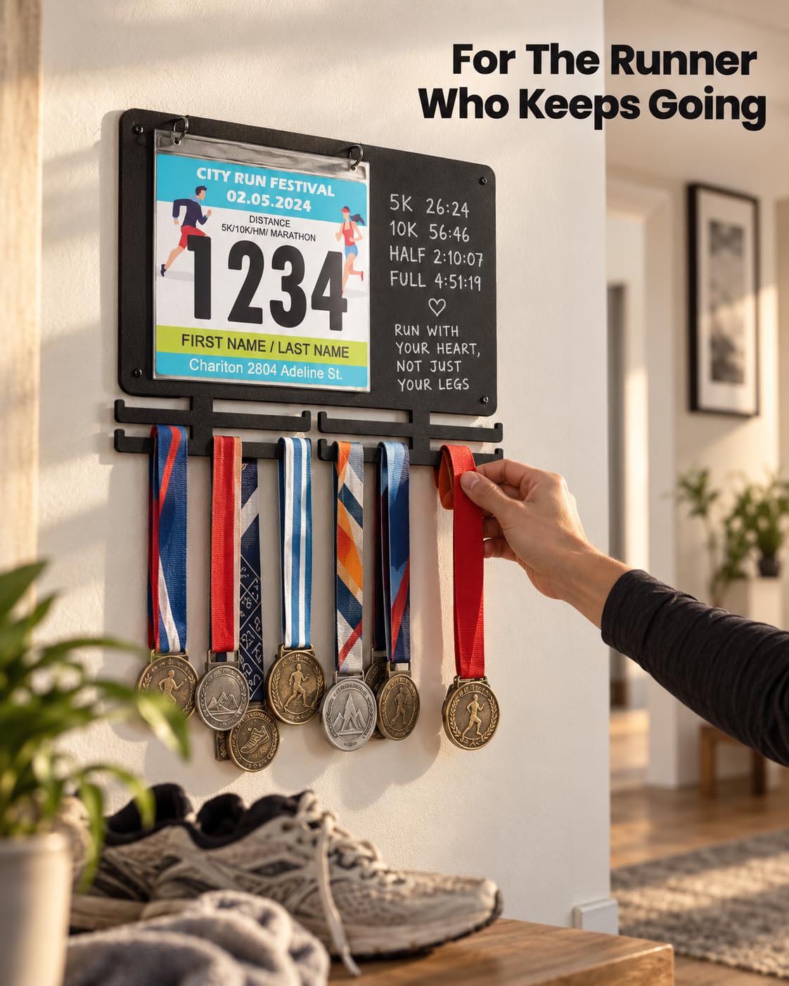 Running Medal Hanger & Bib Display Board with Chalkboard | BLAUBECK Wall Holder