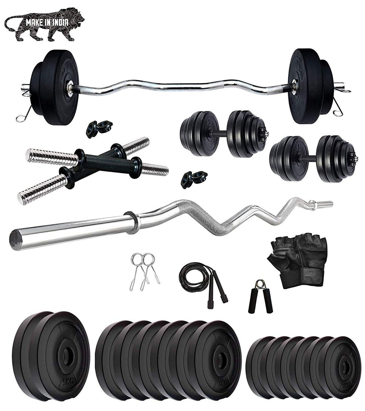 Beacon International 25 Kg Pvc Home Gym Set With 3 Feet Curl Rod With Locks, Dumbbell Rods, Gym Gloves, Hand Gripper And Skippin