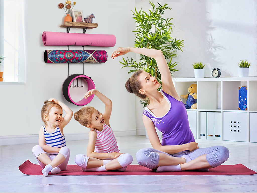Bikoney Yoga Mat Holder Wall Mount Yoga Mat Storage Home Gym Accessories With Wood Floating Shelves And 4 Hooks For Hanging Foam