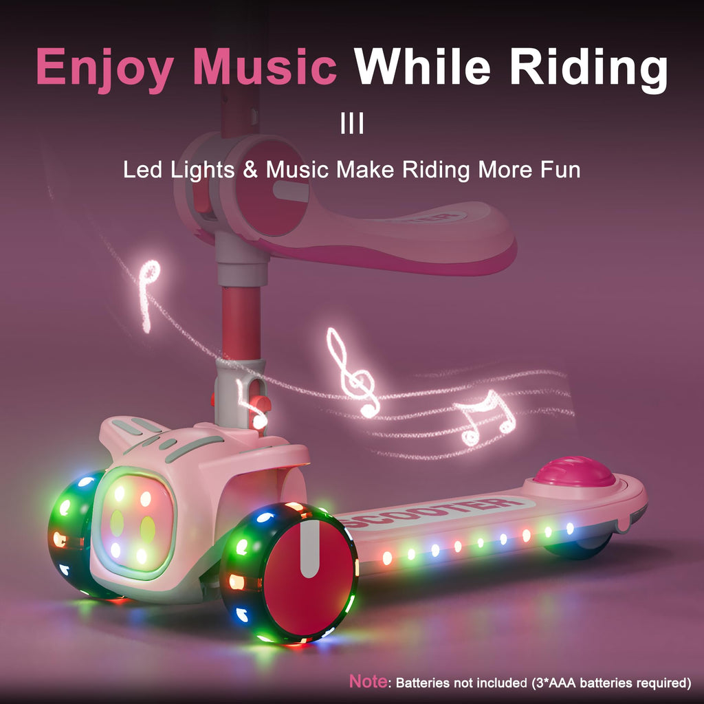 3 Wheel Scooter for Kids - Foldable & Unbreakable, 2-in-1 Kick Scooter with Music and Lights, Adjustable Height, Wide Deck, Flas