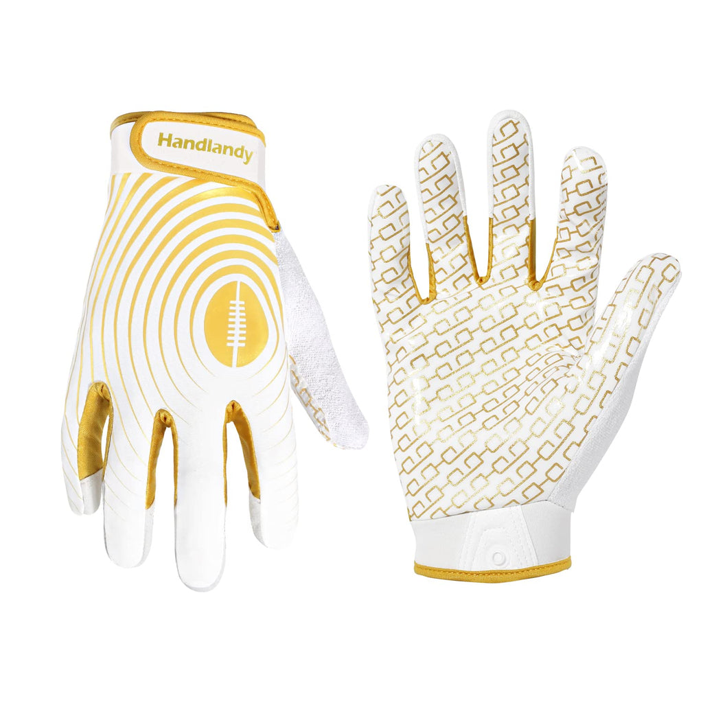 HANDLANDY Kids Football Gloves, Sticky Wide Receiver Gloves for Youth, White and Gold Stretch Fit Football Glove (White and Gold