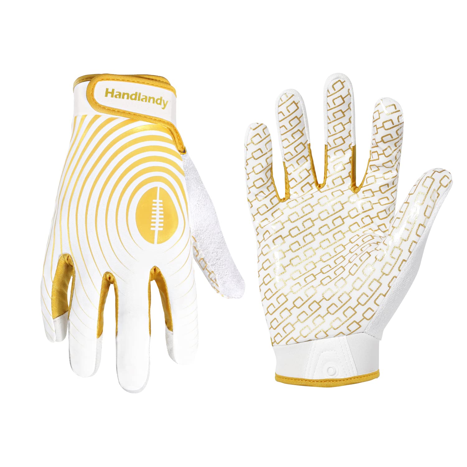 HANDLANDY Kids Football Gloves, Sticky Wide Receiver Gloves for Youth, White and Gold Stretch Fit Football Glove (White and Gold