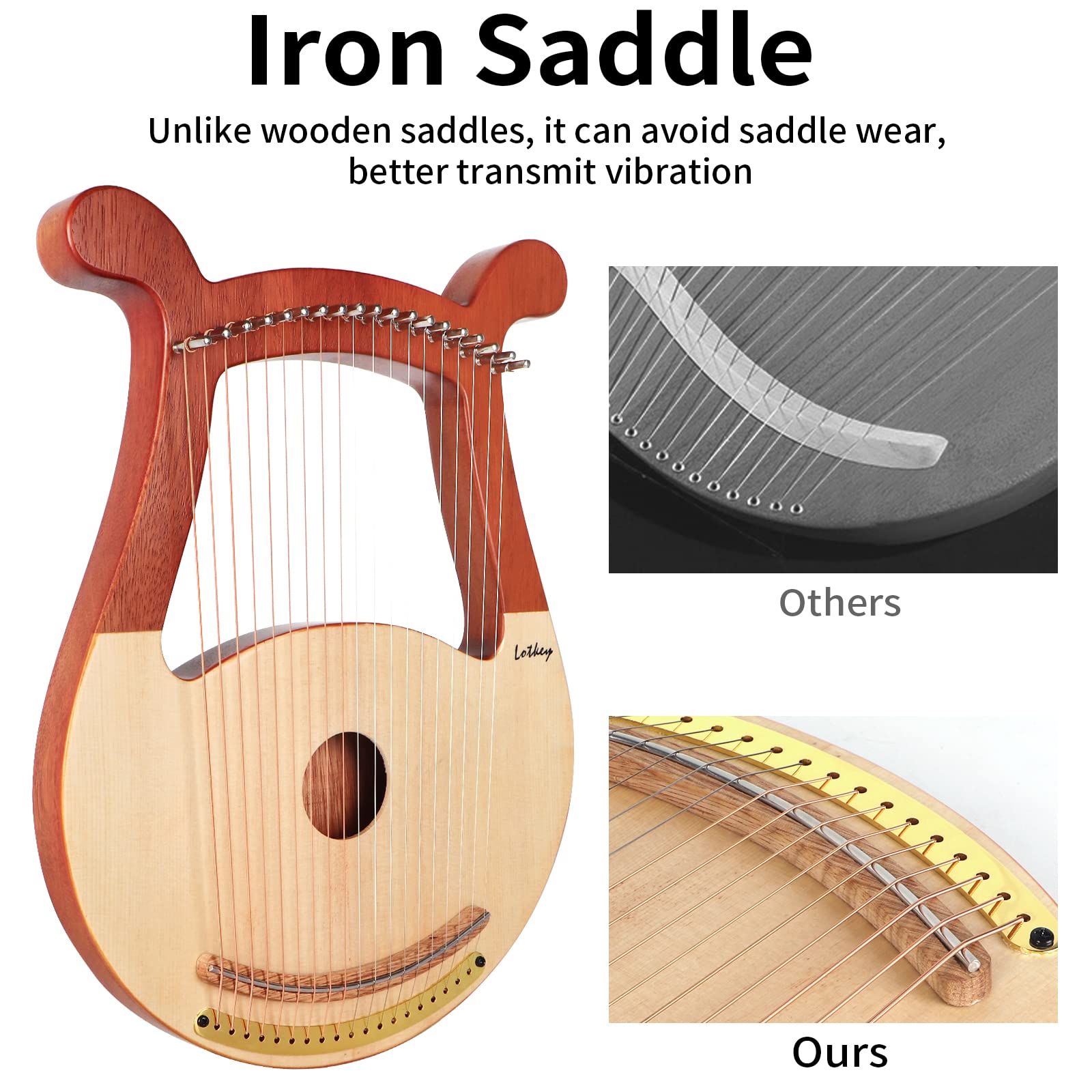 Lyre Harp, Lotkey 19 Metal Strings Harp Iron Saddle Solid Spruce Board Lyre Harp With Tunning Wrench, Extract Strings, Manual An