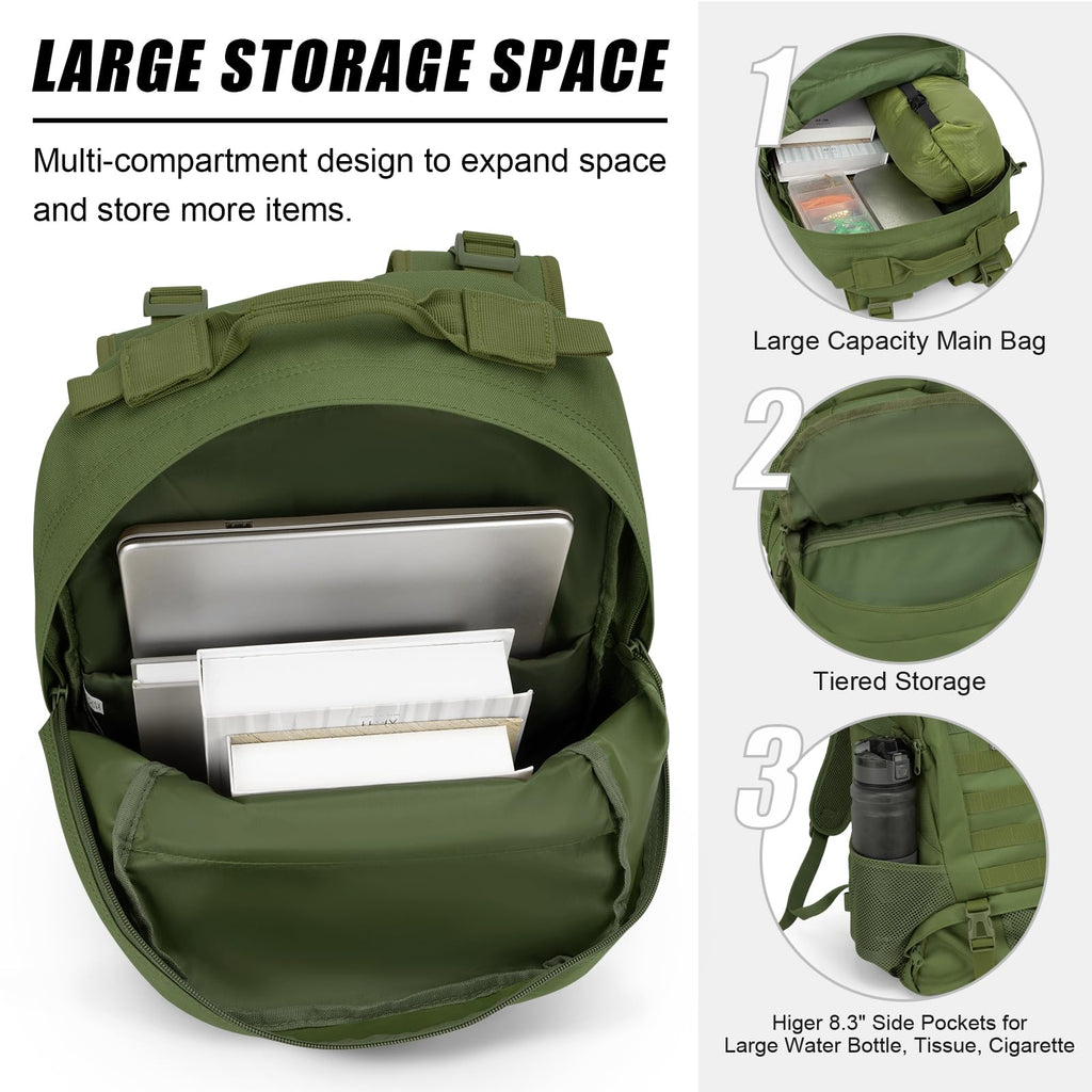Jueachy Tactical Backpack For Men Hiking Day Pack Molle Military Rucksack Waterproof 30L Edc Bag With Usa Flag Patch Green