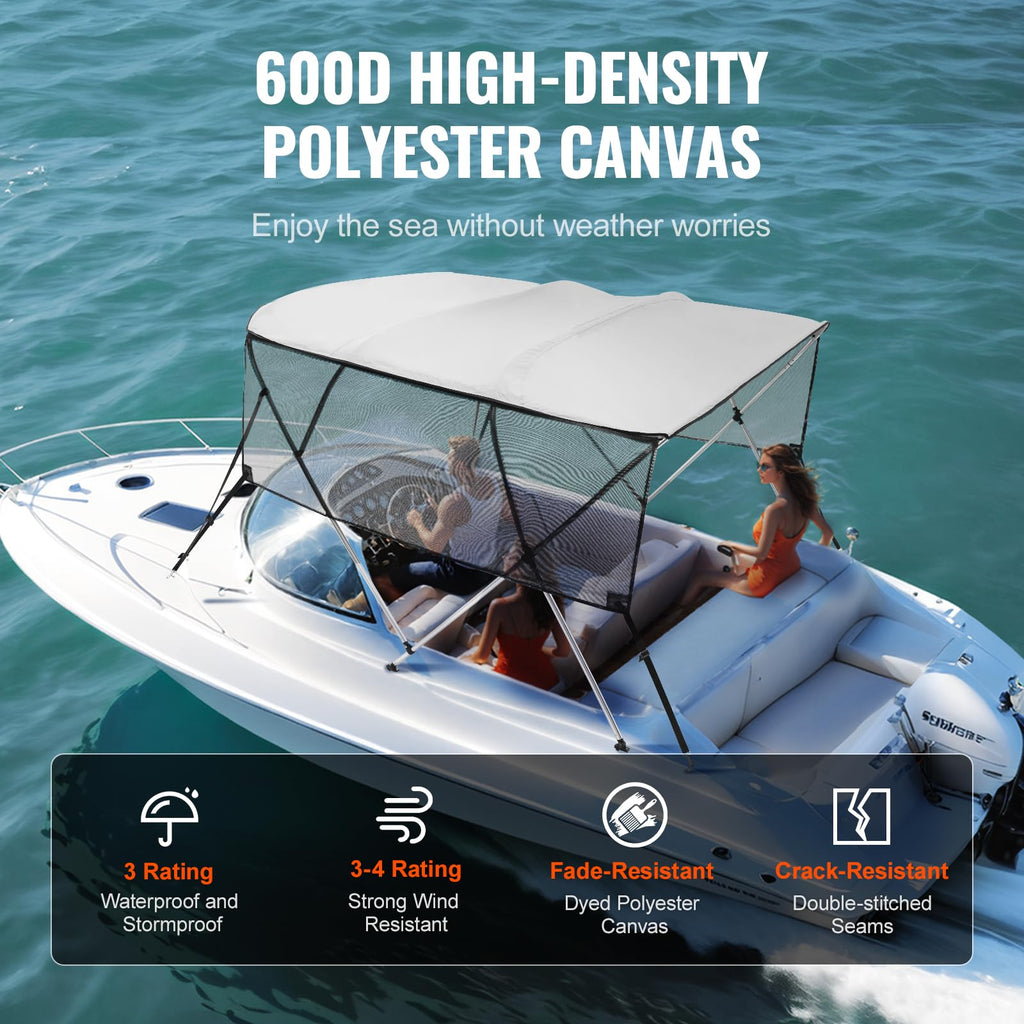 Vevor 4 Bow Bimini Top Boat Cover, Detachable Mesh Sidewalls, 600D Polyester Canopy With 1'' Aluminum Alloy Frame, Includes Stor