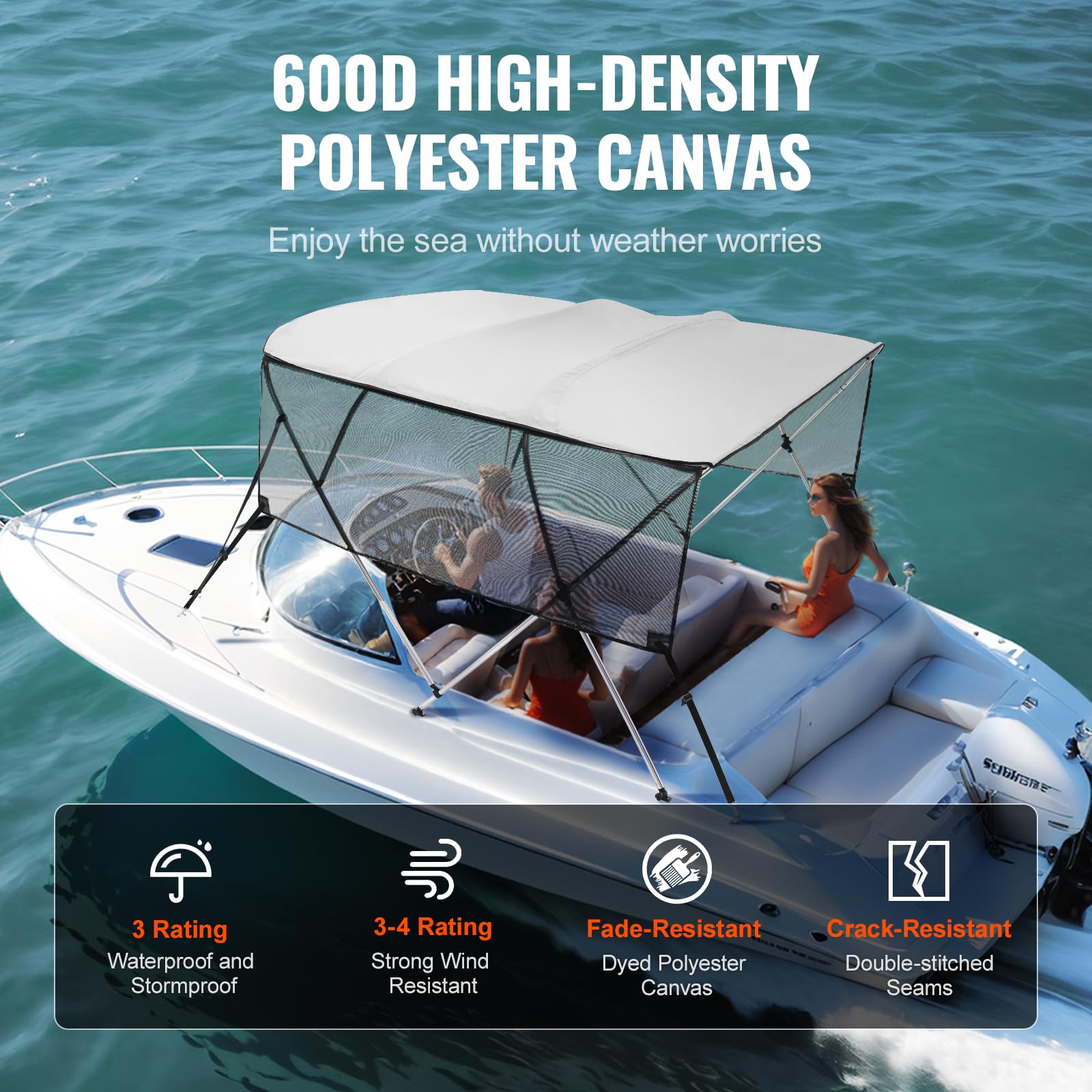 Vevor 4 Bow Bimini Top Boat Cover, Detachable Mesh Sidewalls, 600D Polyester Canopy With 1'' Aluminum Alloy Frame, Includes Stor
