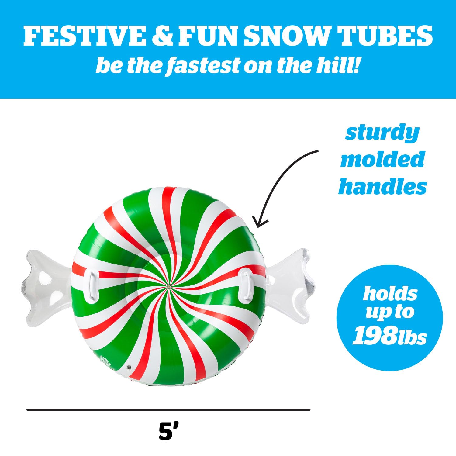 Bigmouth Inc Large 48'' Inflatable Snow Tube For Kids And Adults, Durable Winter Toy For Tubing & Sledding - Peppermint