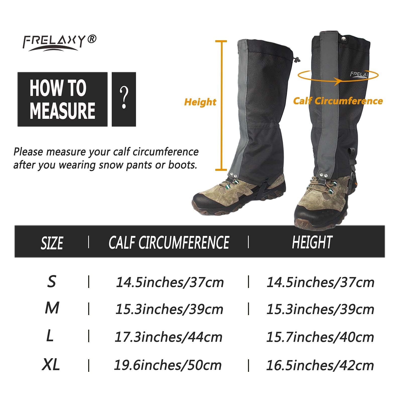 Frelaxy Leg Gaiters 100% Waterproof Hiking Gaiters, Hunting Gaiters With Upgraded Rubber Foot Strap, Adjustable Snow Boot Gaiter