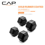 CAP Barbell 105 LB Rubber Coated Hex Dumbbell Hand Weight - Pair | Black Handle