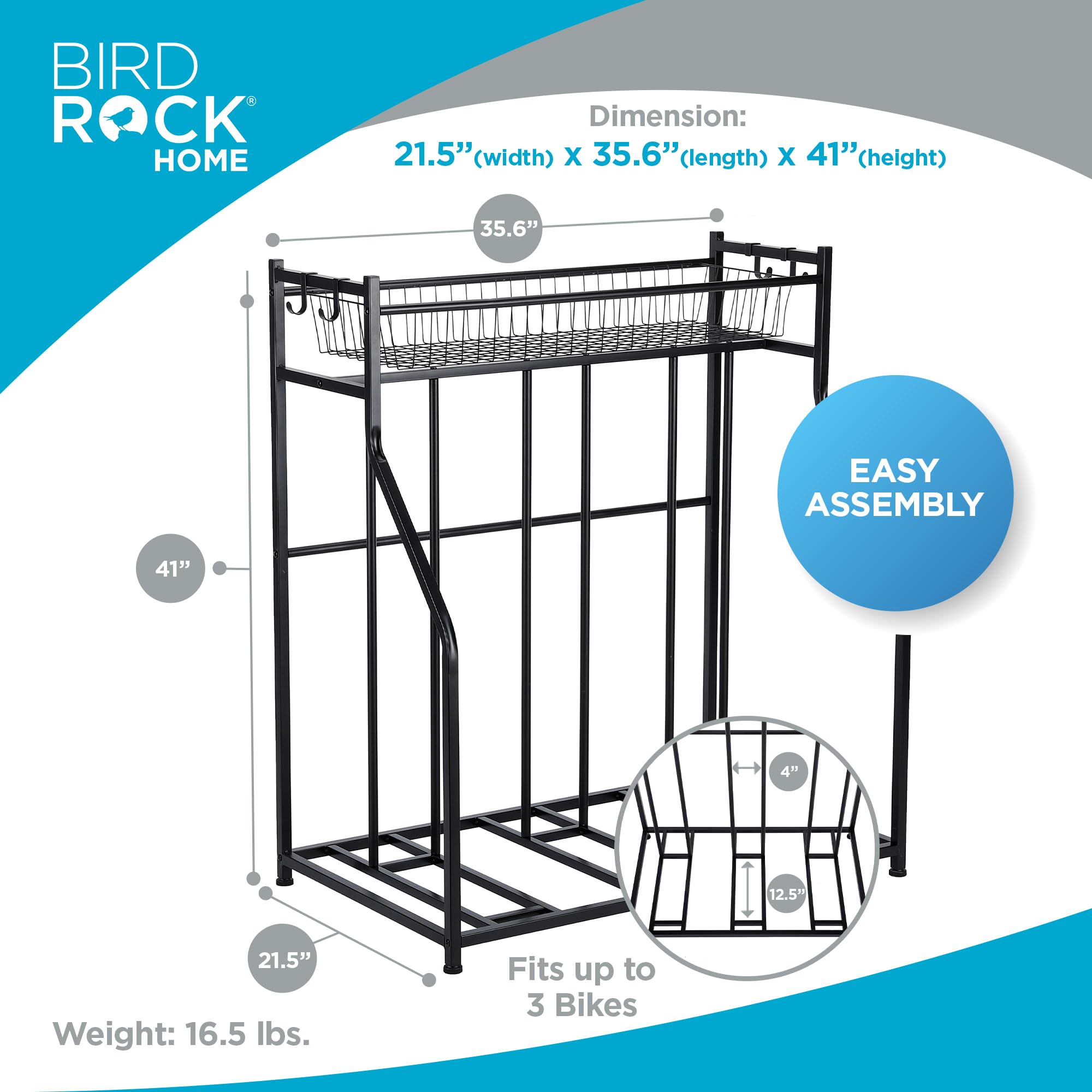 Birdrock Home Garage Bike Storage & Stand | Holds 3 Bicycles | Garage Organizer & Sports Storage Station | Black