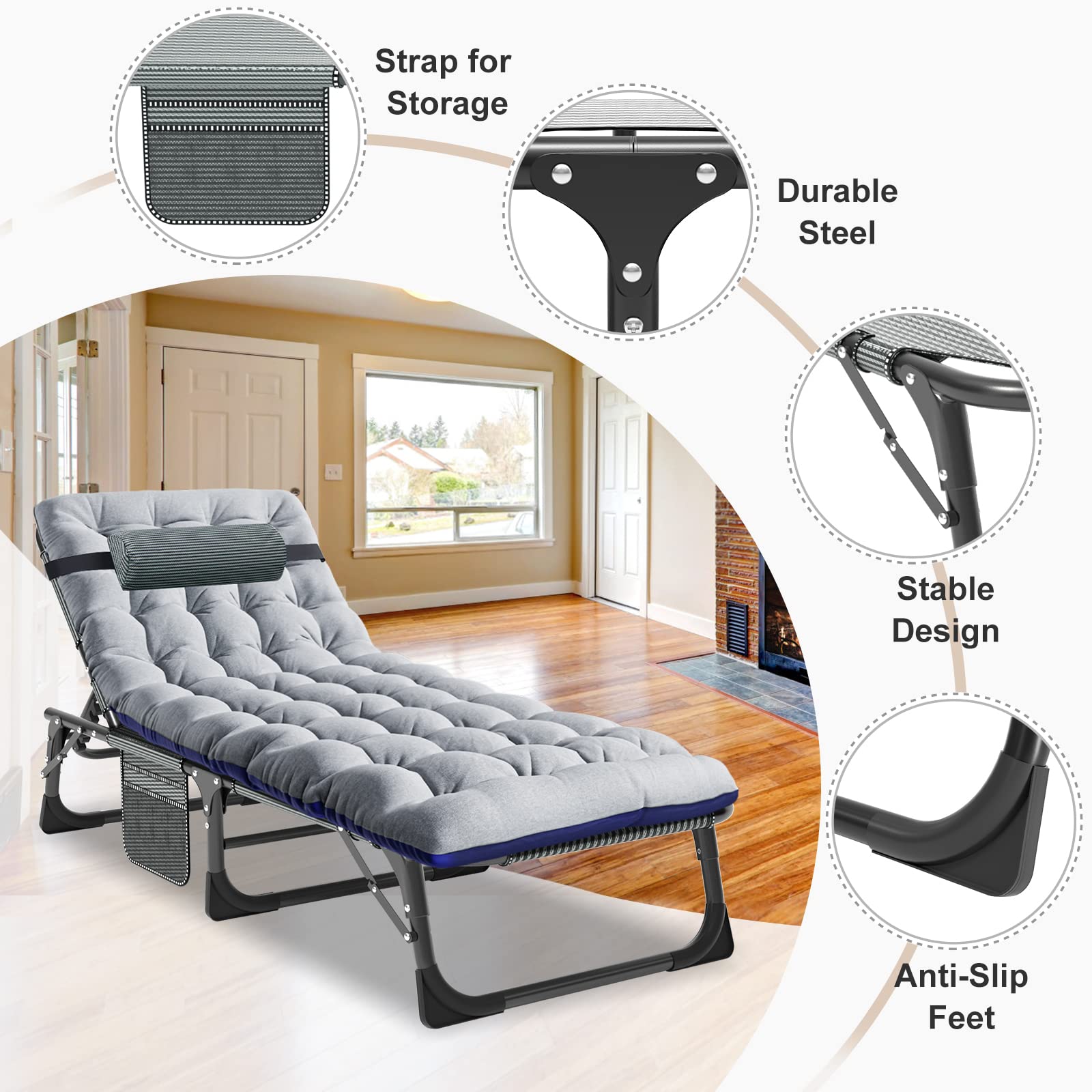 Aboron 5 Positions Camping Cots For Adults,Outdoor Folding Sleeping Cot/Mat,Folding Chaise Lounge Chair With Pillow,Portable Rec