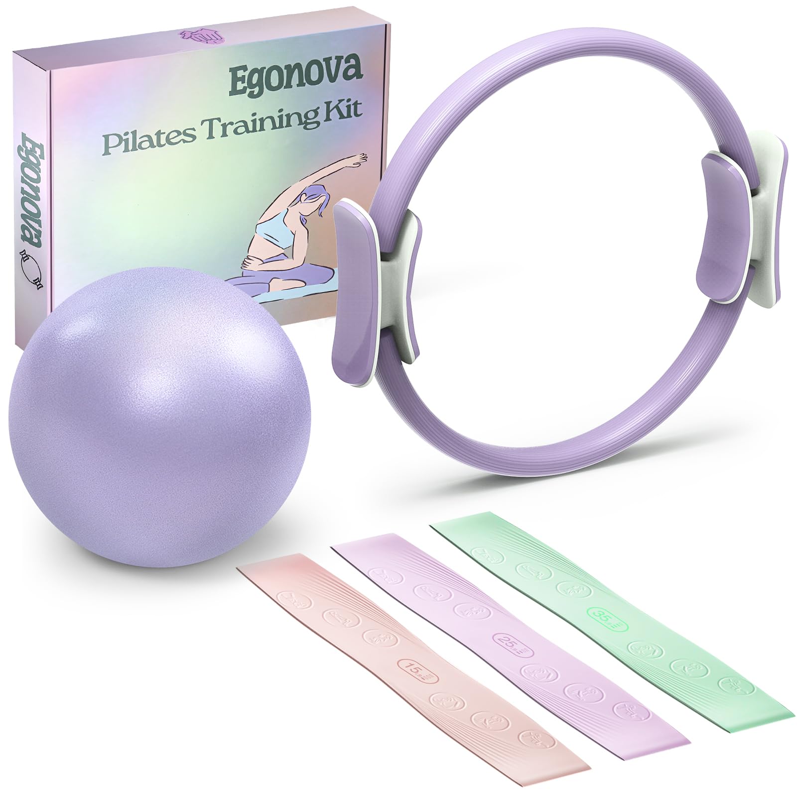 Egonova Pilates Ring Set: 14-Inch Magic Circle With Dual Padded Handles, Pilates Mini Ball, And Resistance Bands (15, 25, 35 Lbs