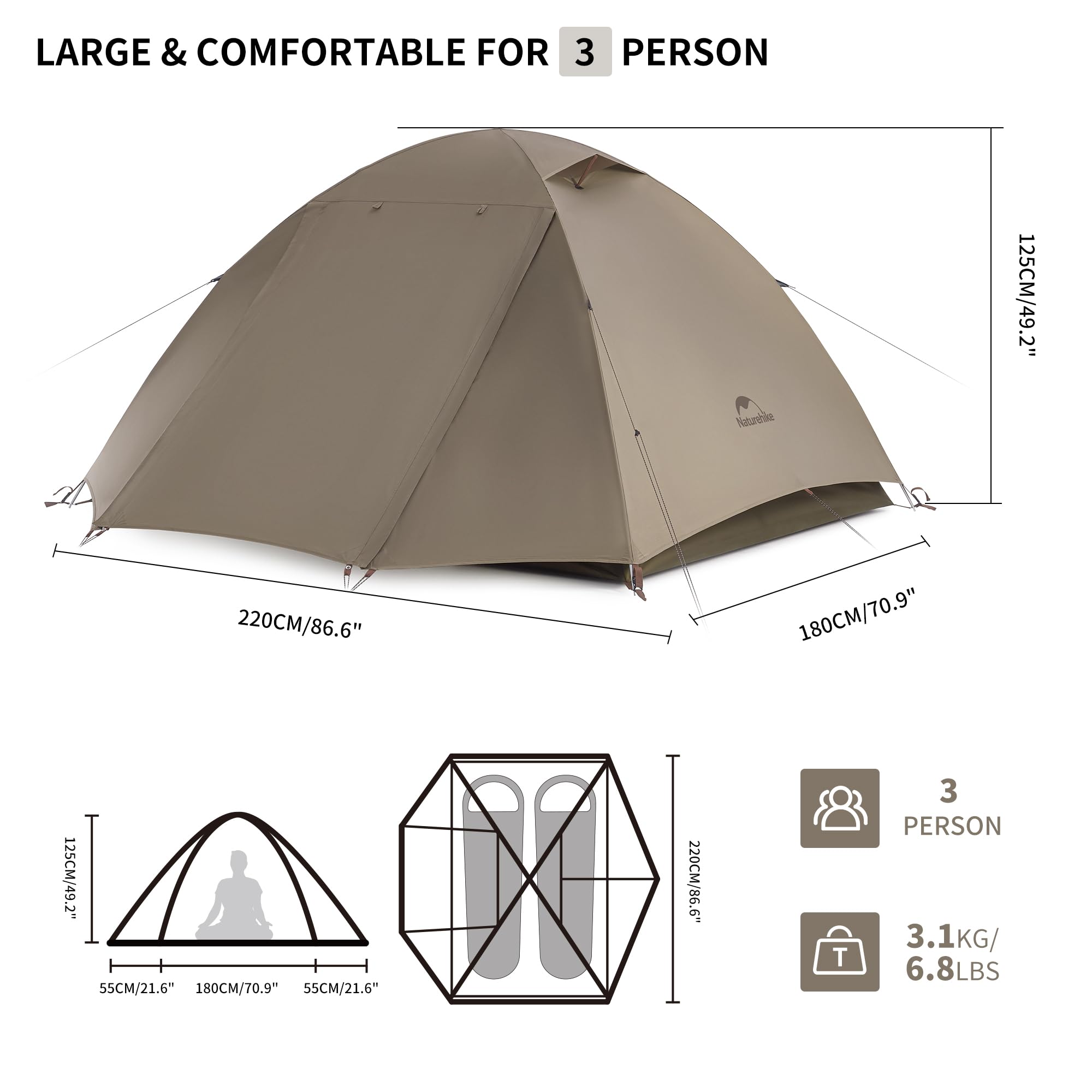 Naturehike P Series 2 Person Tent For Camping, 3 Season Lightweight Backpacking Tent, Double Layer Easy Set Up Ultralight Two Pe