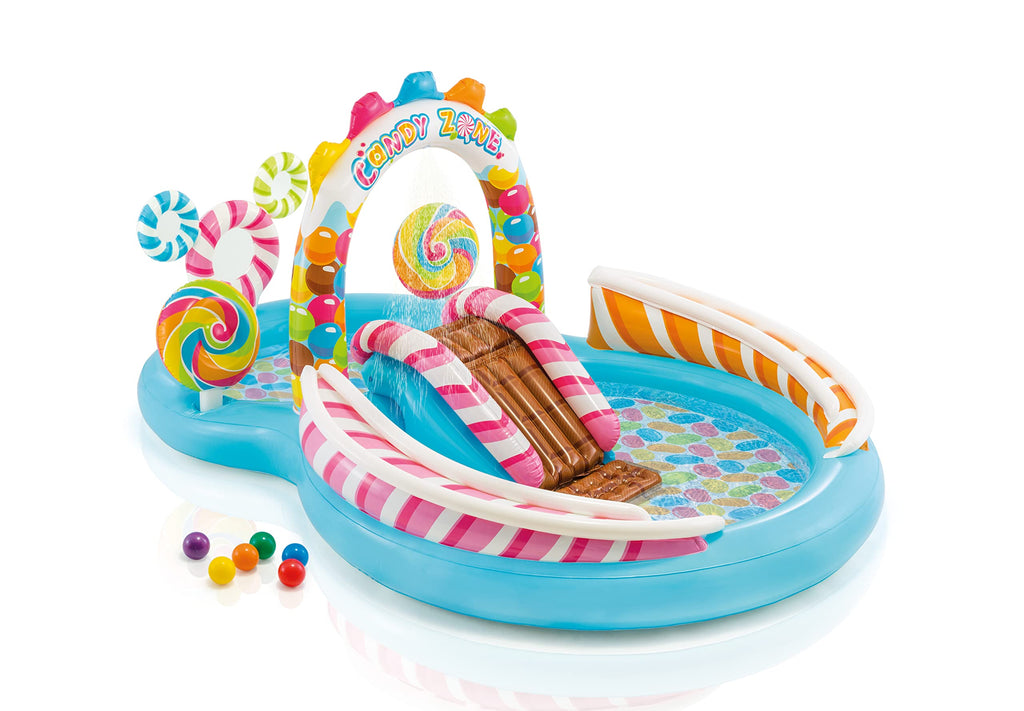 Intex Candy Zone Inflatable Kiddie Pool: Inflatable Kids Pool With Water Sprayer And Slide - Splash Pad - 116'' X 75'' X 51'' -