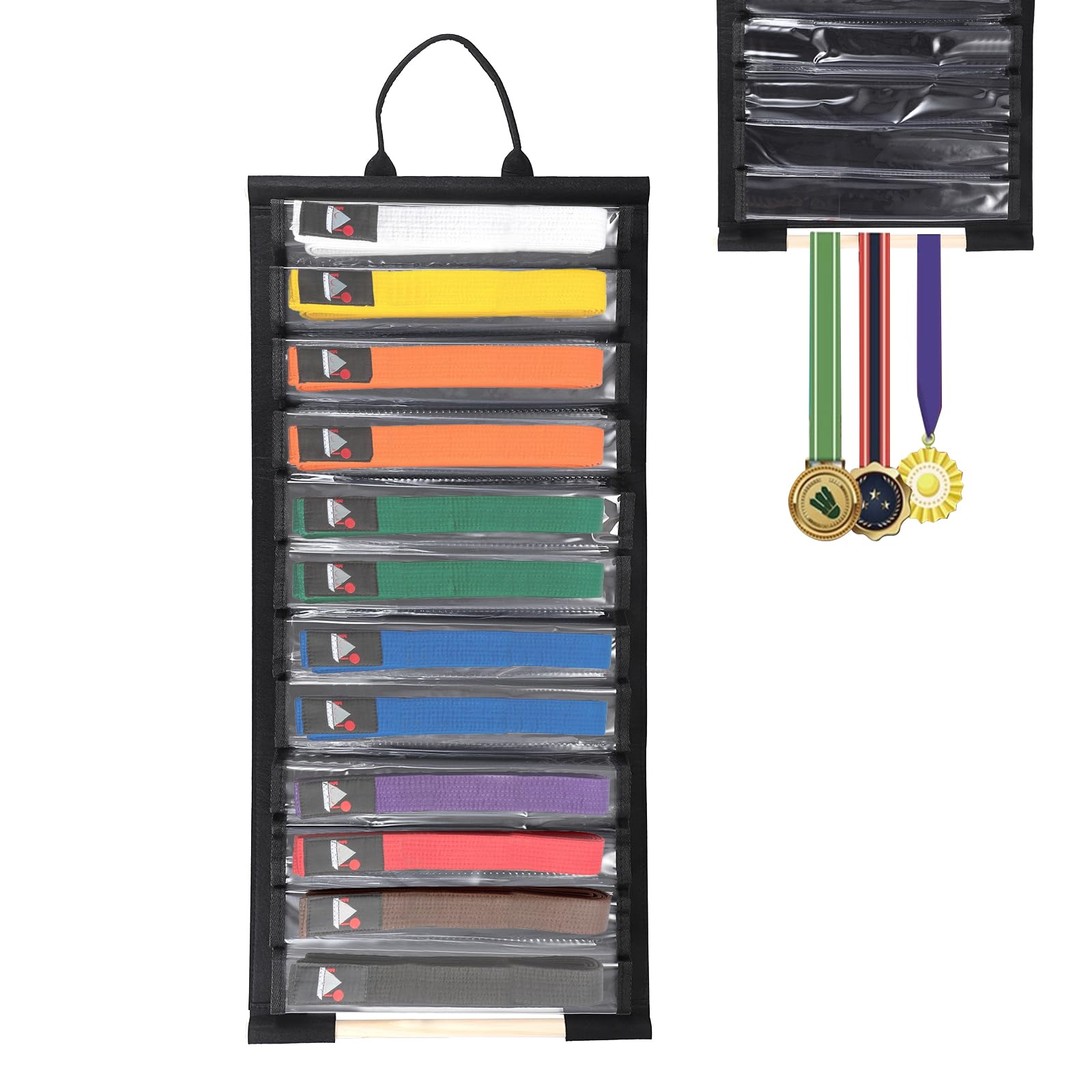 JUXYES Wall Hanging Martial Arts Belts Organizer for 12 Belts, Portable Karate Belt Display Holder with Medals Hanging Stick, Li