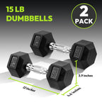 HANDBODE Hex 15 lb Dumbbell Rubber Encased Strength Training, Hand Weight For Workout & Exercise Pair