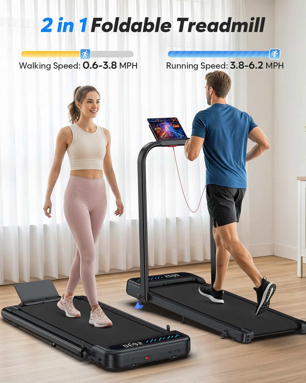Cardirun Foldable Treadmill with Incline, Compact Walking Pad Treadmill with Safety Handle Bar, 3.0HP Quiet Under Desk Treadmill
