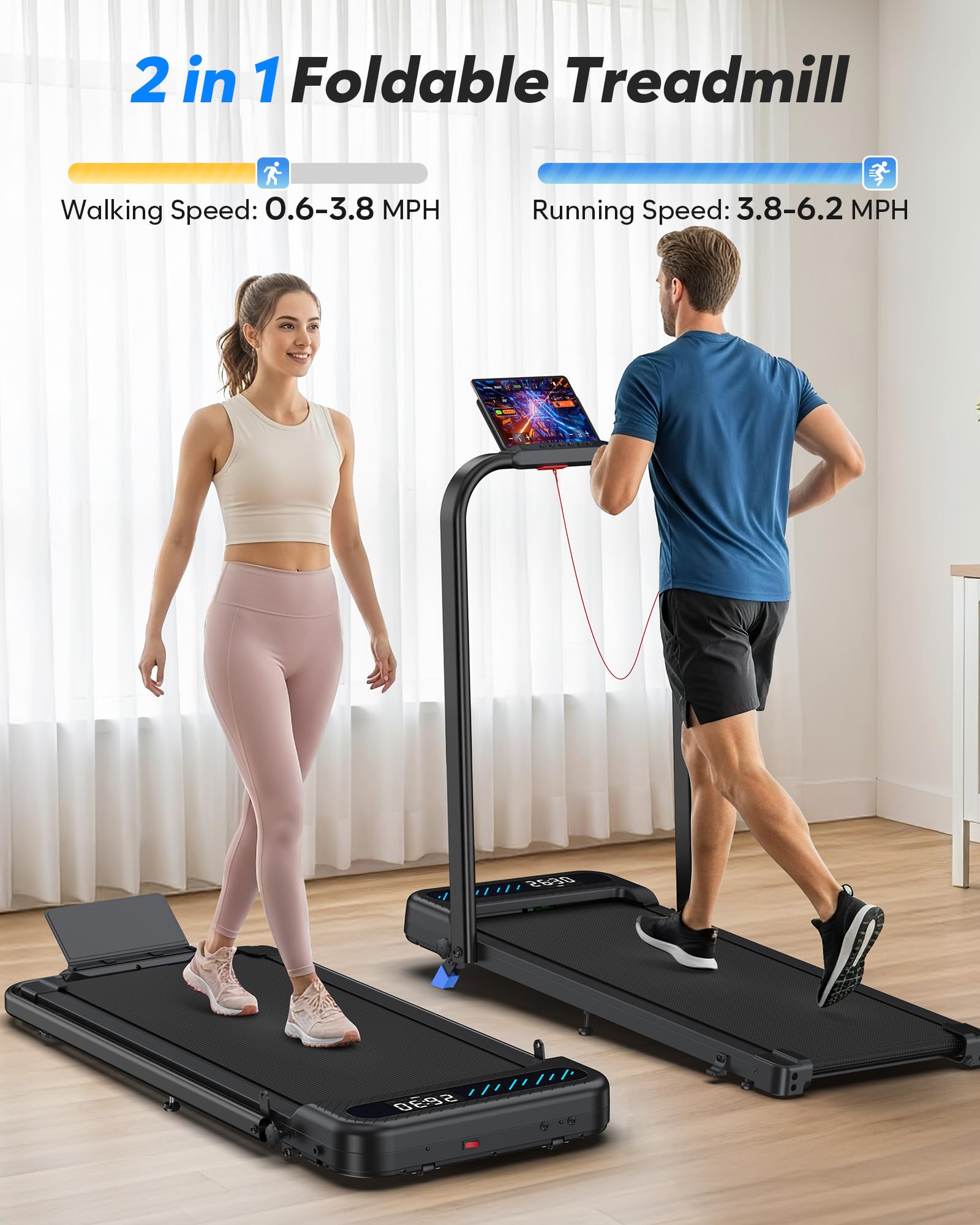 Cardirun Foldable Treadmill with Incline, Compact Walking Pad Treadmill with Safety Handle Bar, 3.0HP Quiet Under Desk Treadmill