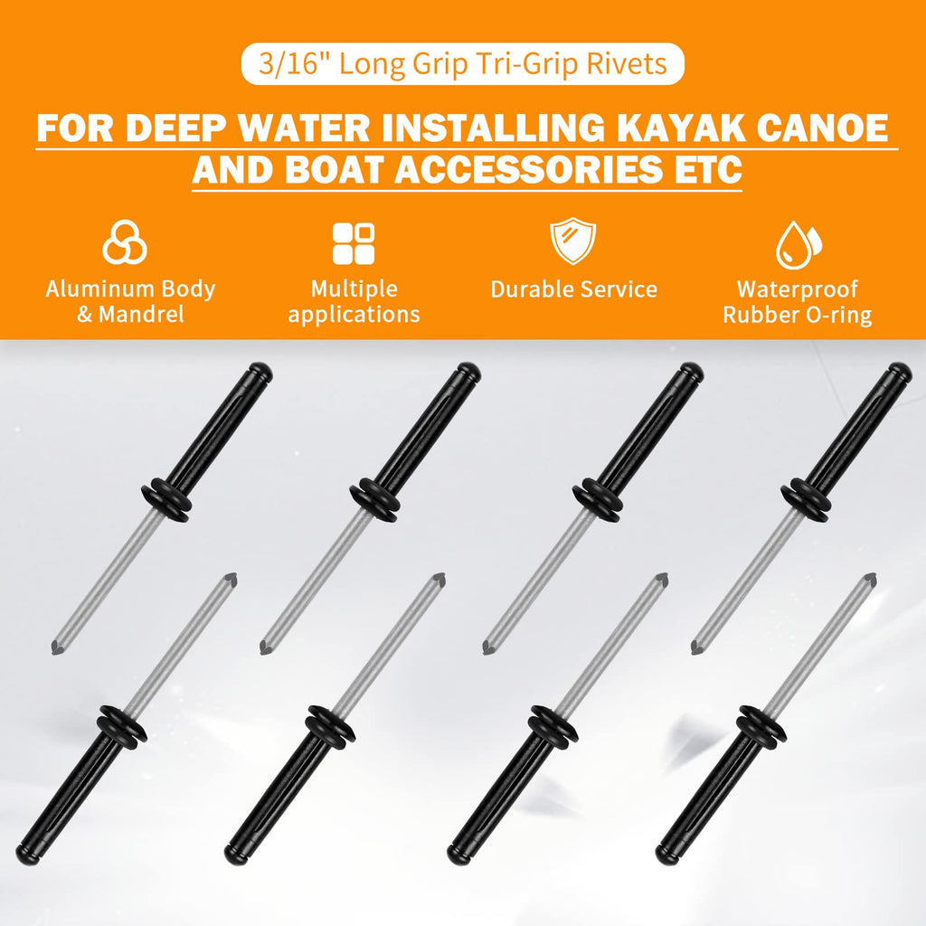3/16'' Long Grip Tri-Grip Kayak Rivets Tri-Fold Tri Bulb Mounting Rivet With Waterproof O Rings For Deep Water Installing Kayak