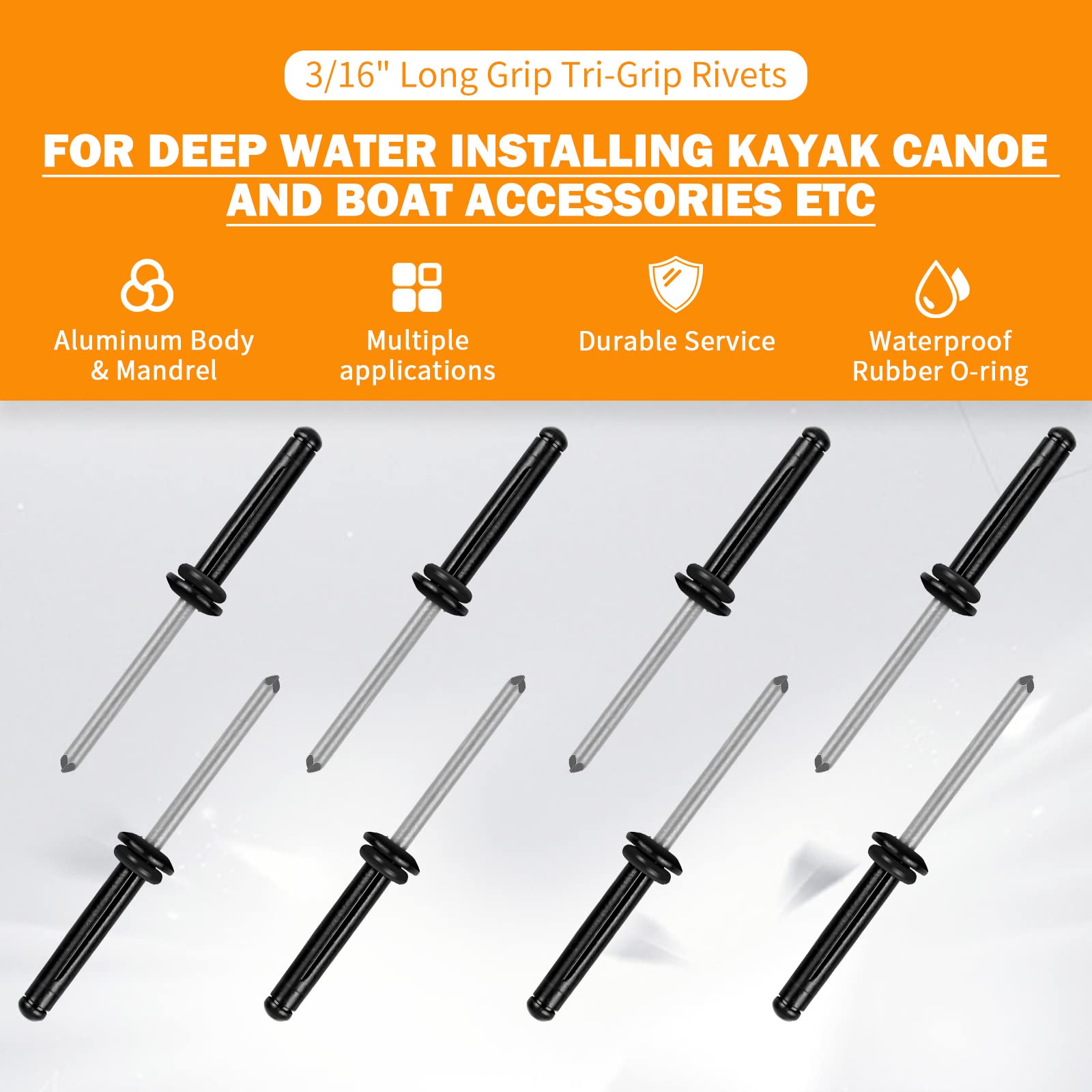 3/16'' Long Grip Tri-Grip Kayak Rivets Tri-Fold Tri Bulb Mounting Rivet With Waterproof O Rings For Deep Water Installing Kayak