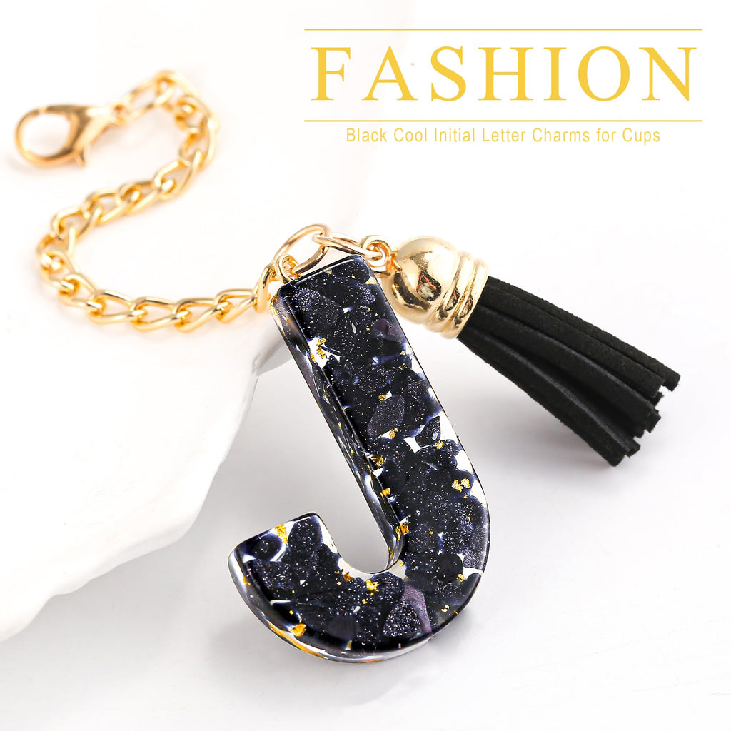 Letter Charm Accessories for Stanley Cup 1 PCS Cute Initial Keychain Handle Charm for Stanley Tumbler for Women Black Letter J