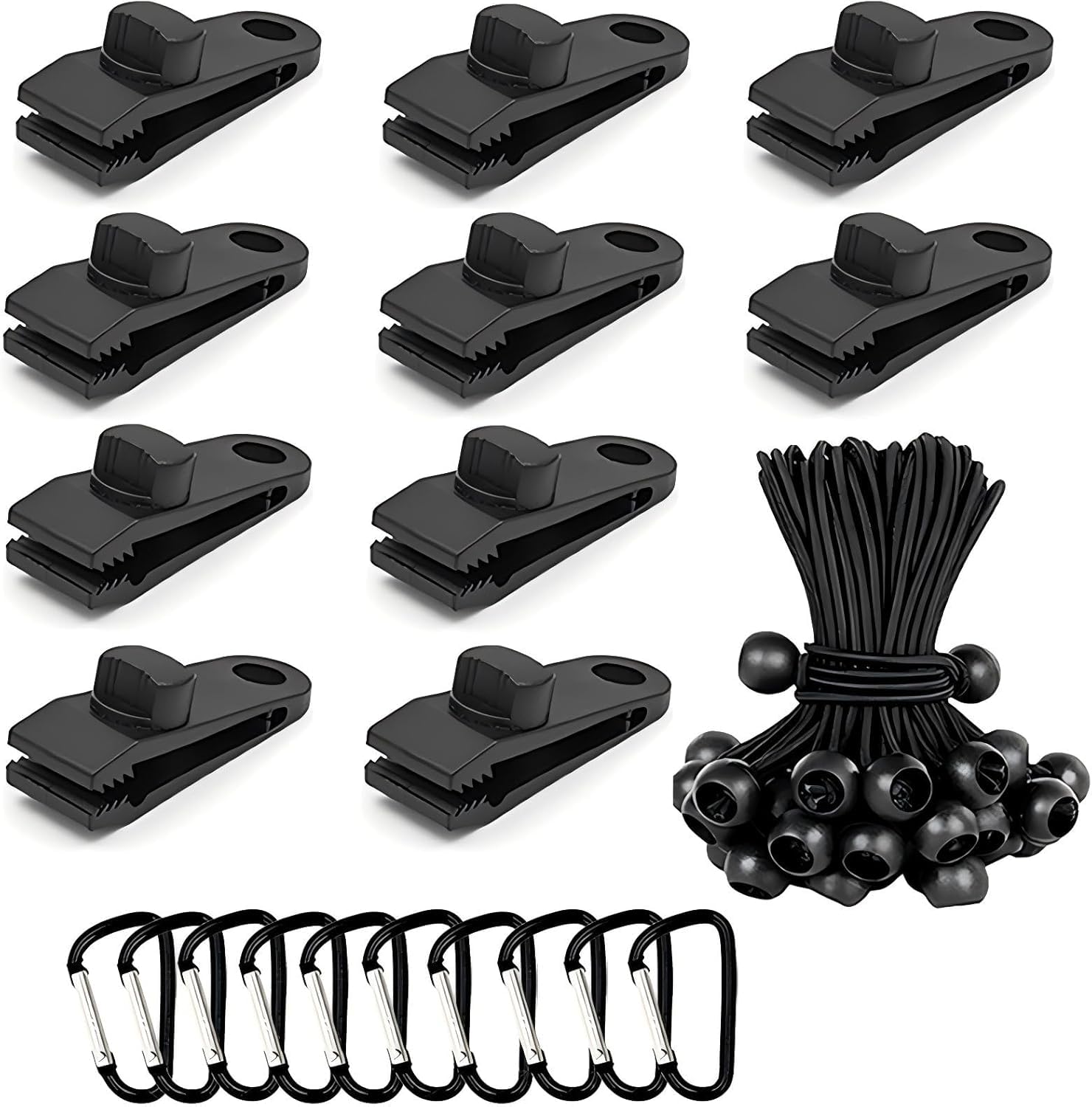 Langaelex 30-Piece Heavy Duty Camping Kit - Tarp Clips, Bungee Cords & Carabiners For Outdoor, Caravan, Tent Accessories (10 Cli