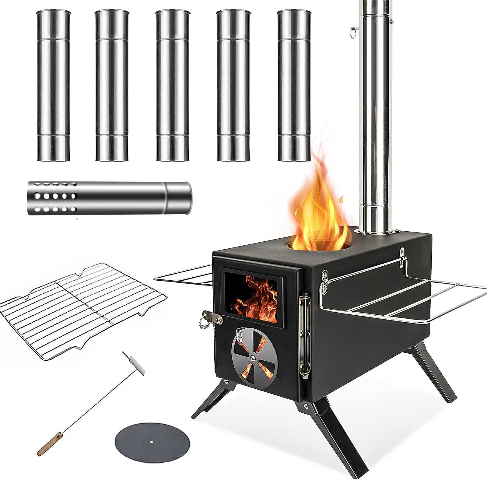Womeyork Outdoor Camping Stove, Portable Wood Burning Stove With Chimney Pipe For Tent, Shelter, Heating And Cooking (Black-S)
