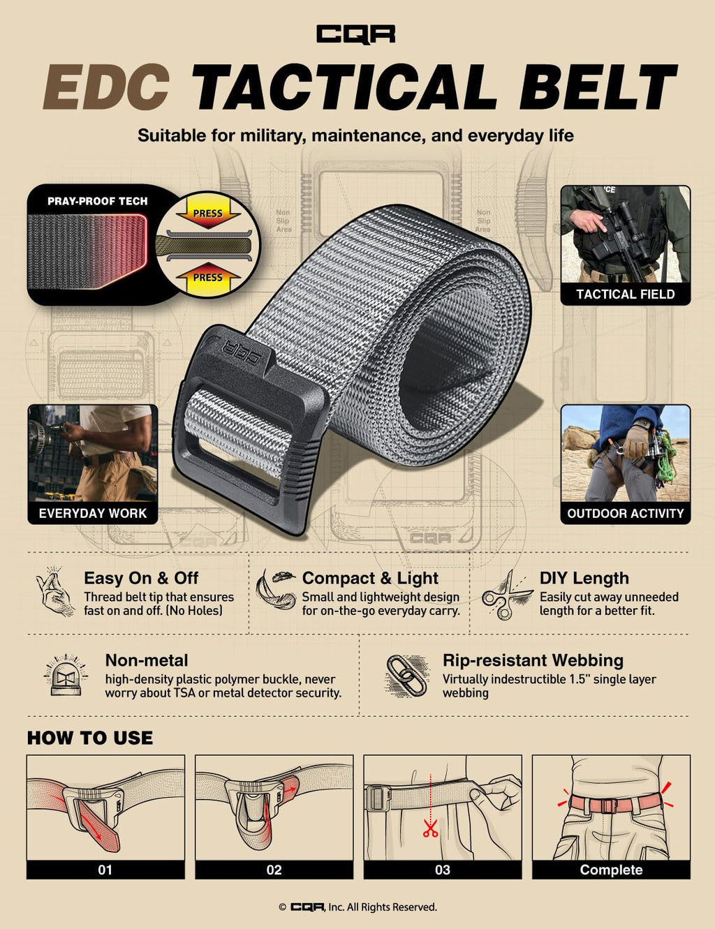 Cqr Tactical Belt, Military Style Heavy Duty Belt, Webbing Edc Quick-Release Buckle, 2Pack Plastic Flip Tab Black/Grey, X-Large