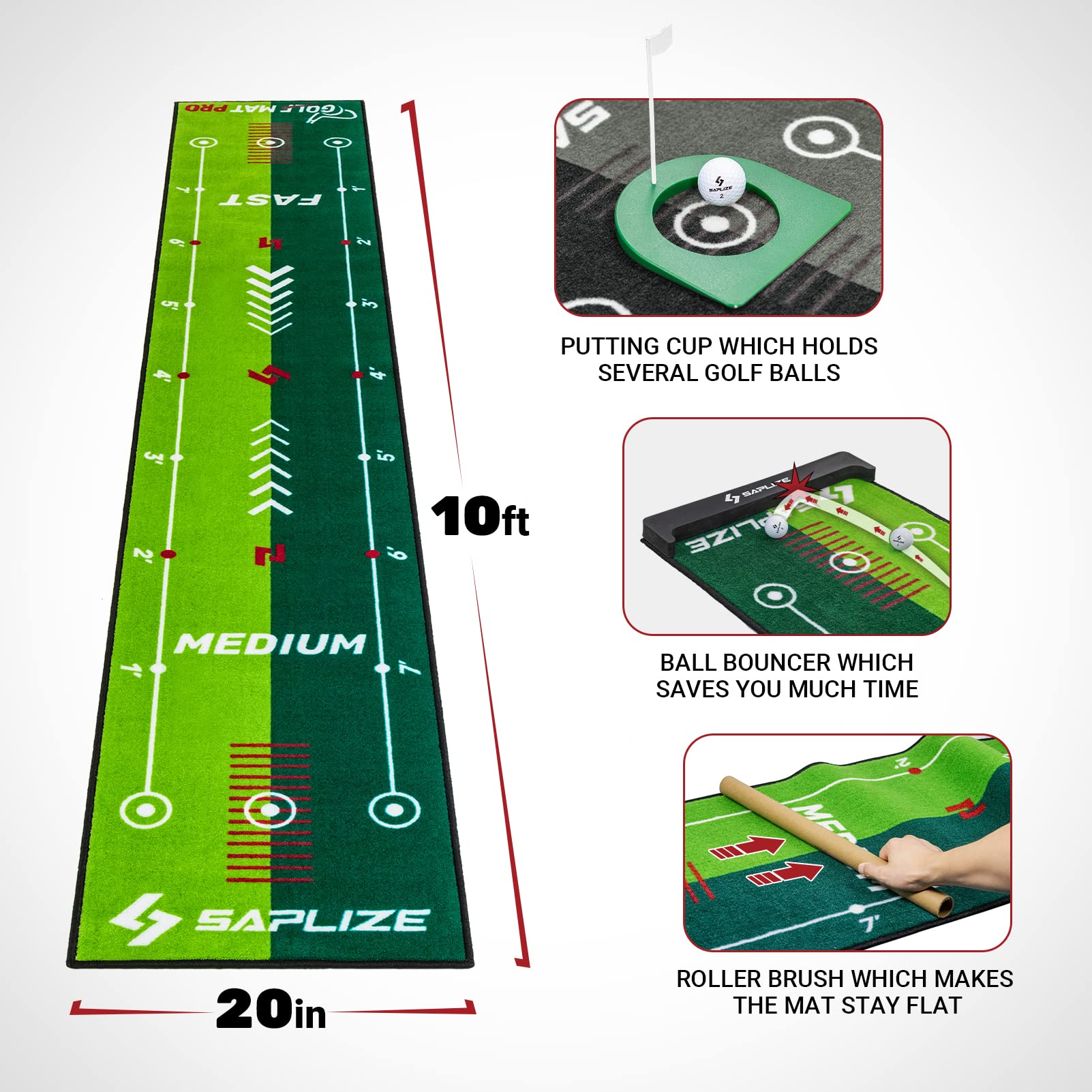 Saplize Two-Speed Golf Putting Practice Mat With Putting Alignment Mirror, 20 In X 10 Ft Putting Training Aid Mat, Anti-Slip Bac