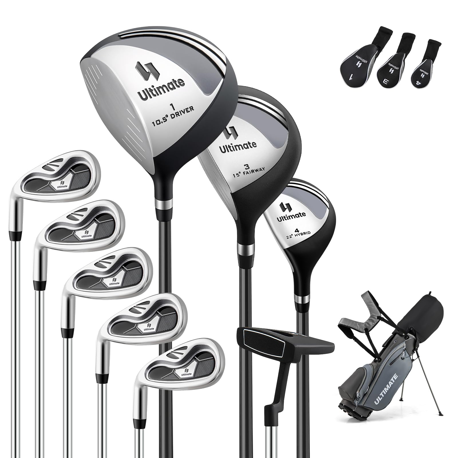 ULTIMATE Left Handed Golf Clubs for Men, 10pcs Men s Complete Golf Club Set Includes 460cc #1 Driver, #3 Fairway Wood, #4 Hybri